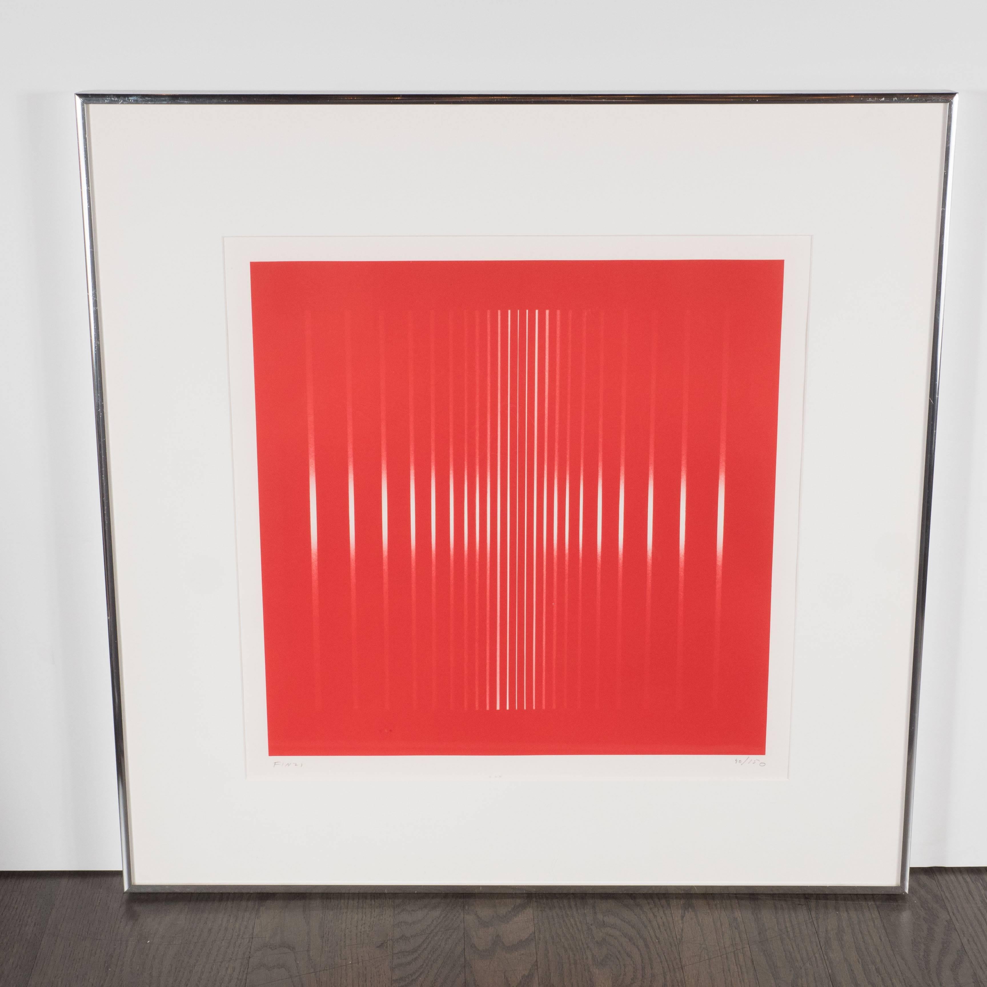 This mid-century modern abstract Op-Art serigraph was realized by Ennio Finzi Circa 1960. Vertical white bands on a candy red background create the sensory illusion of depth and movement. Finzi's work, exemplified by this piece, shares many formal