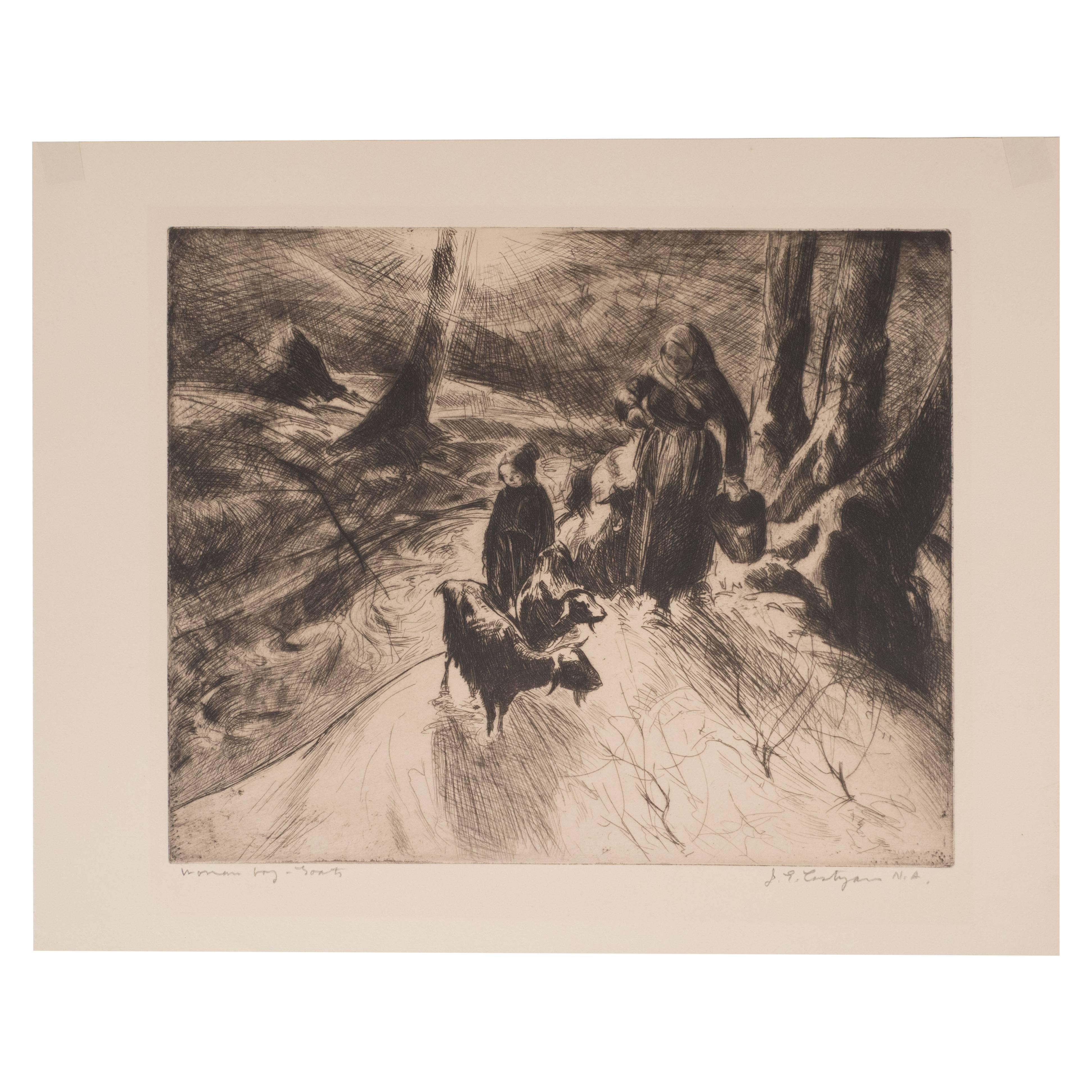 "Woman, Boy and Goats", Original Signed Etching by John E. Costigan