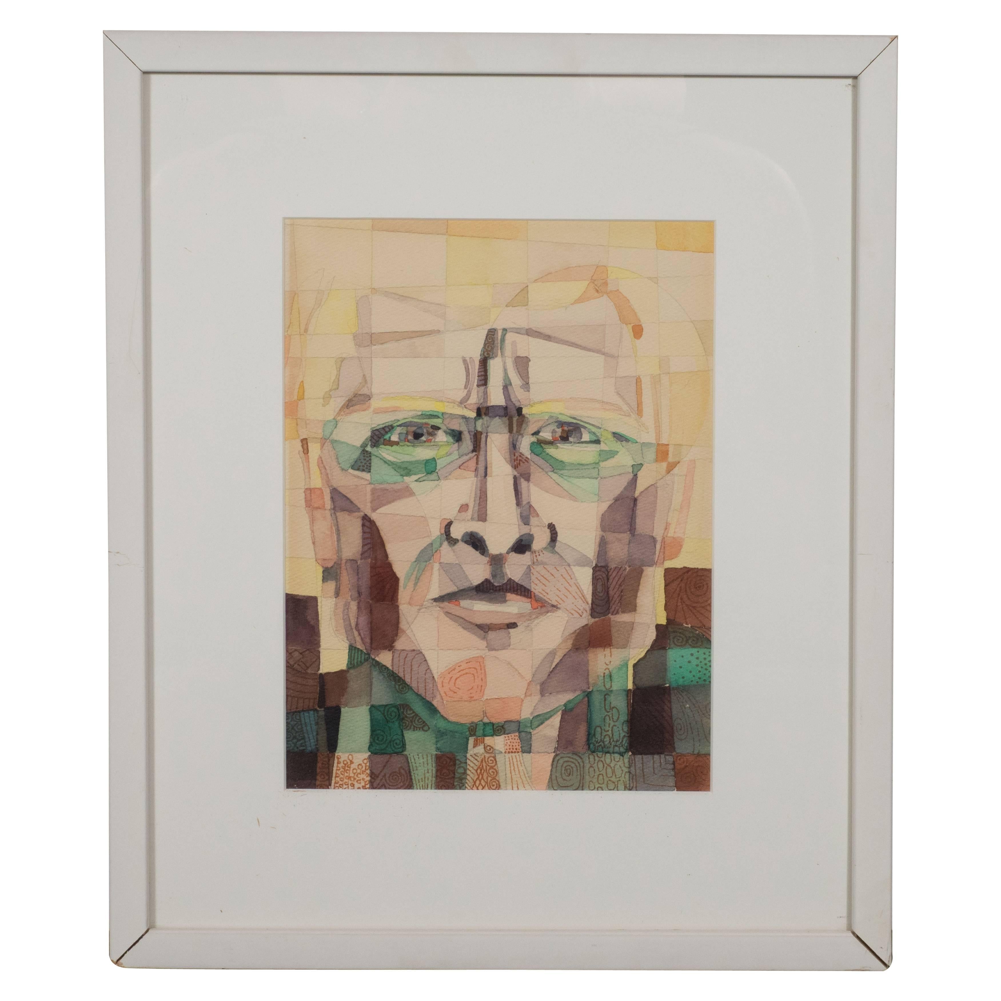 This modernist abstract portrait- rendered in ink, watercolor, and pencil- features an abundance of intersecting color planes that collectively form a man's face. It was created by the critically acclaimed Manhattan-based designer/fine artist,