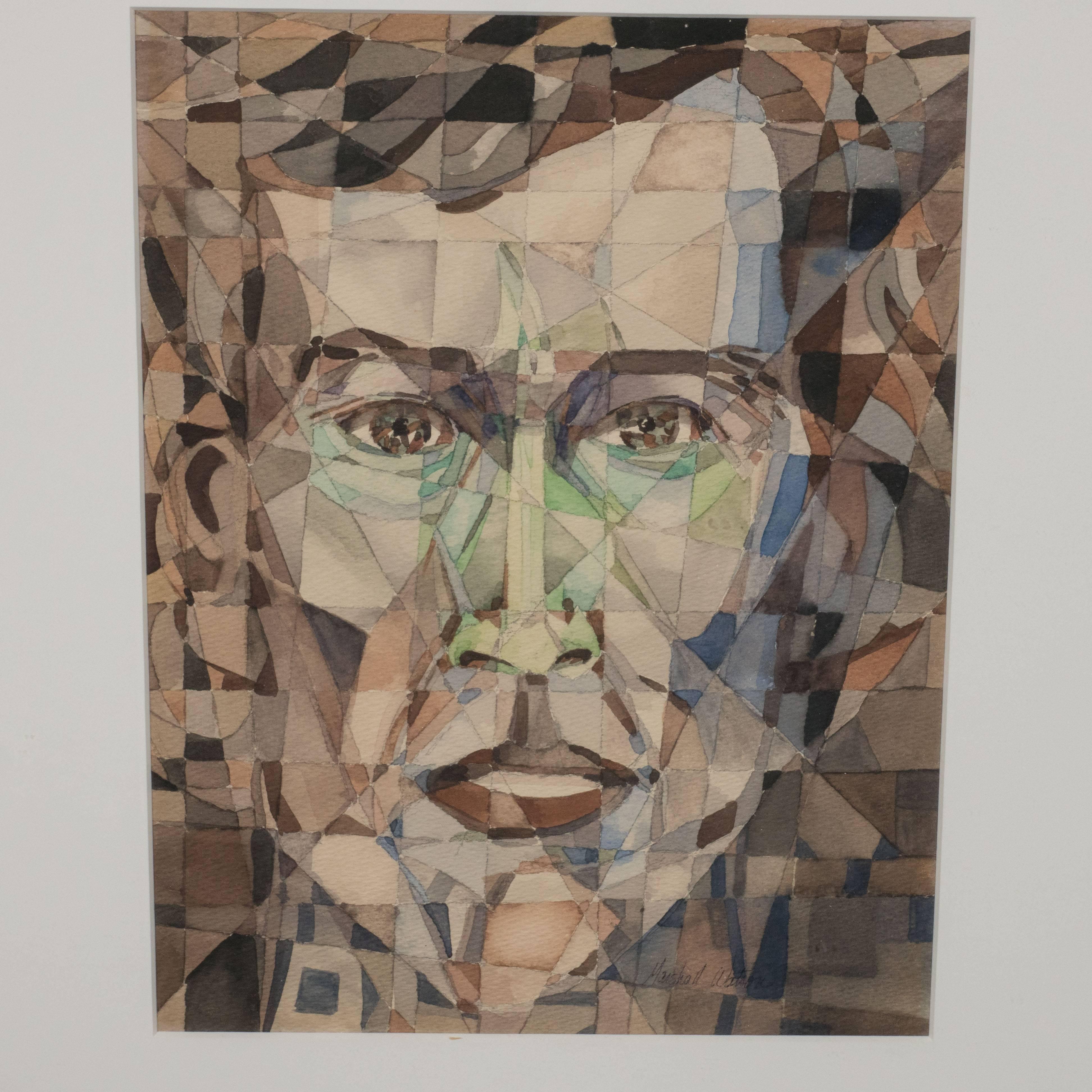This modernist abstract portrait- rendered in ink, watercolor, and pencil- features an abundance of intersecting color planes that collectively form a man's face. It was created by the critically acclaimed Manhattan-based designer/Fine artist,