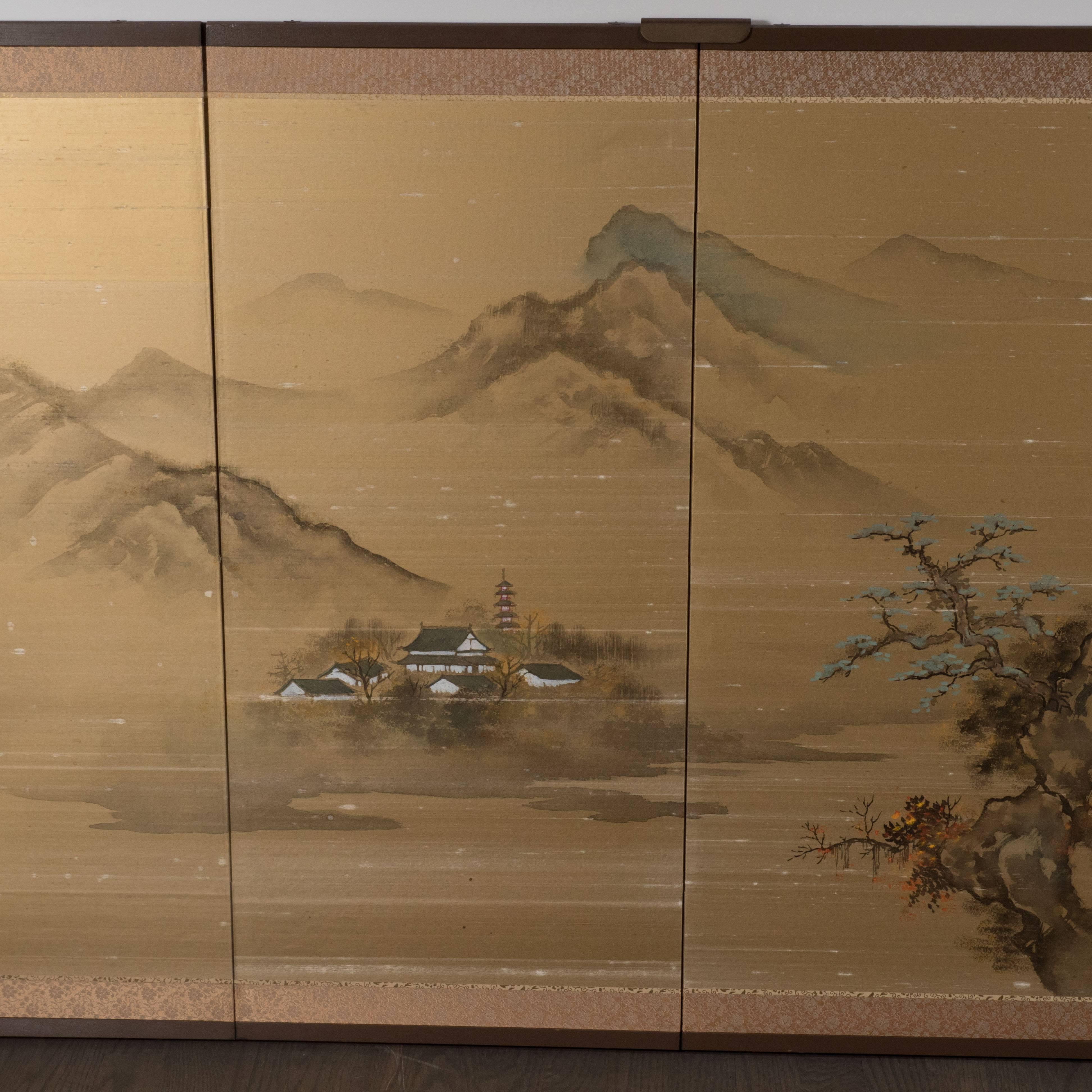 Art Deco Hand Painted Four Panel Japanese Screen with Mountain Motif - Painting by Unknown