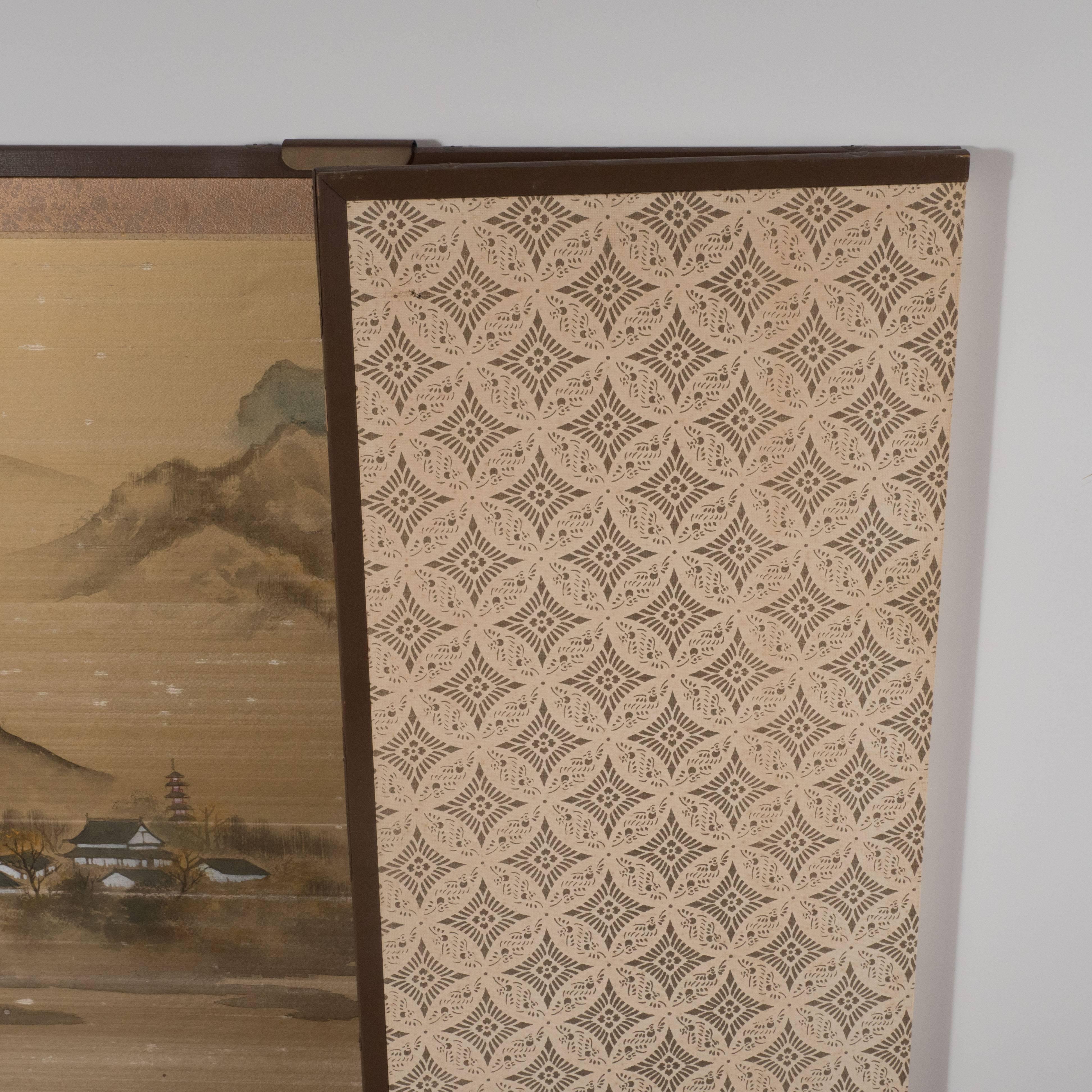 Art Deco Hand Painted Four Panel Japanese Screen with Mountain Motif - Brown Landscape Painting by Unknown