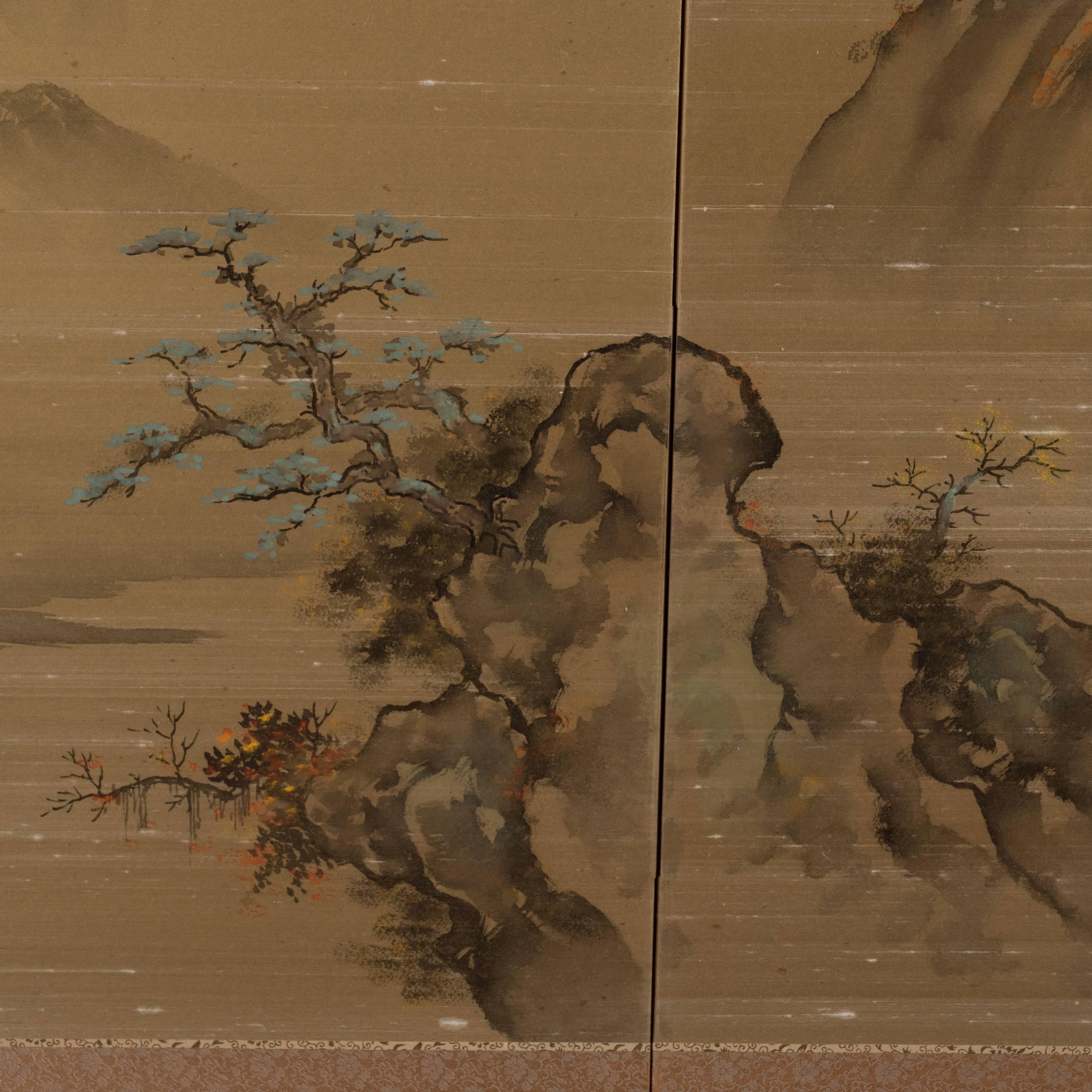 Art Deco Hand Painted Four Panel Japanese Screen with Mountain Motif 1