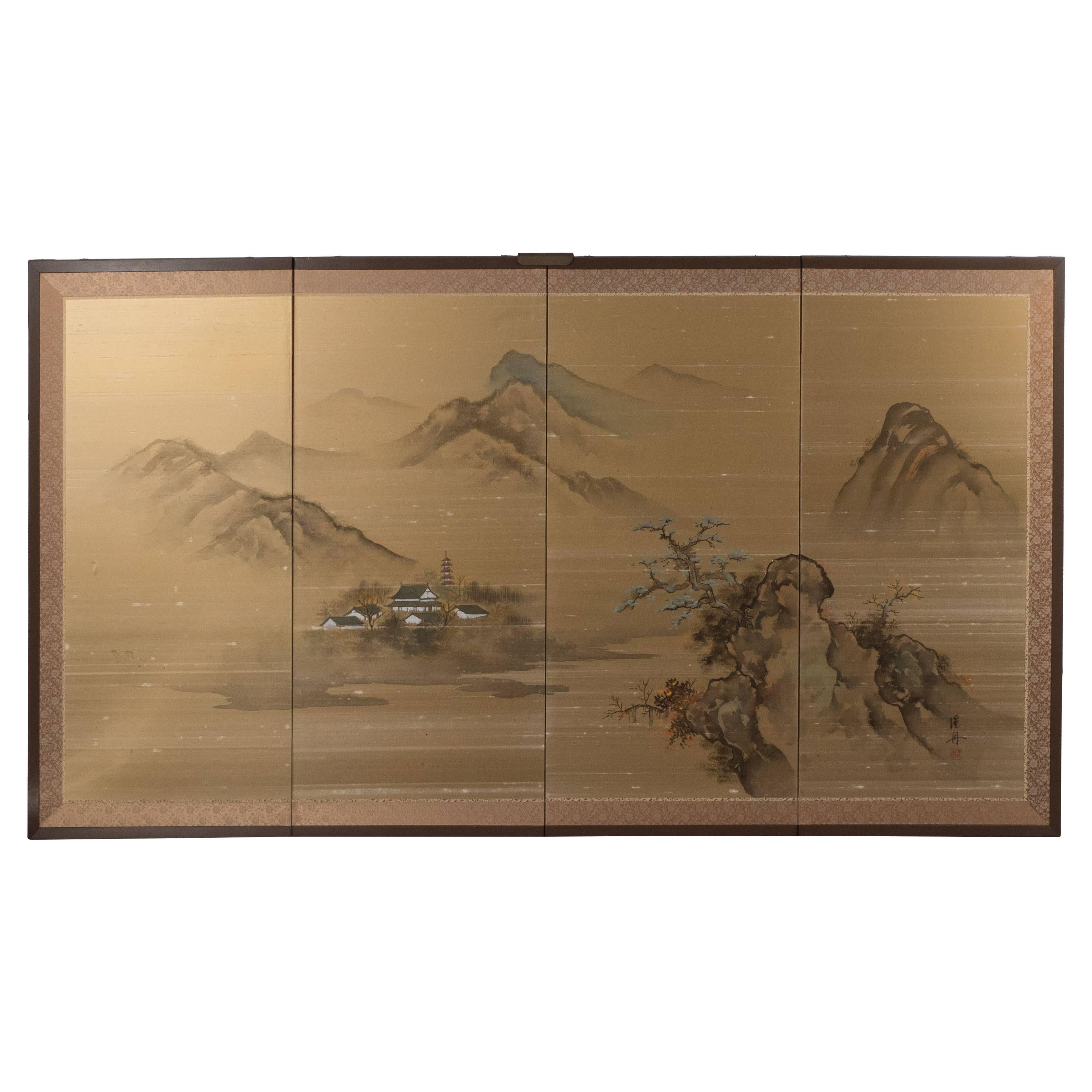 Unknown Landscape Painting - Art Deco Hand Painted Four Panel Japanese Screen with Mountain Motif