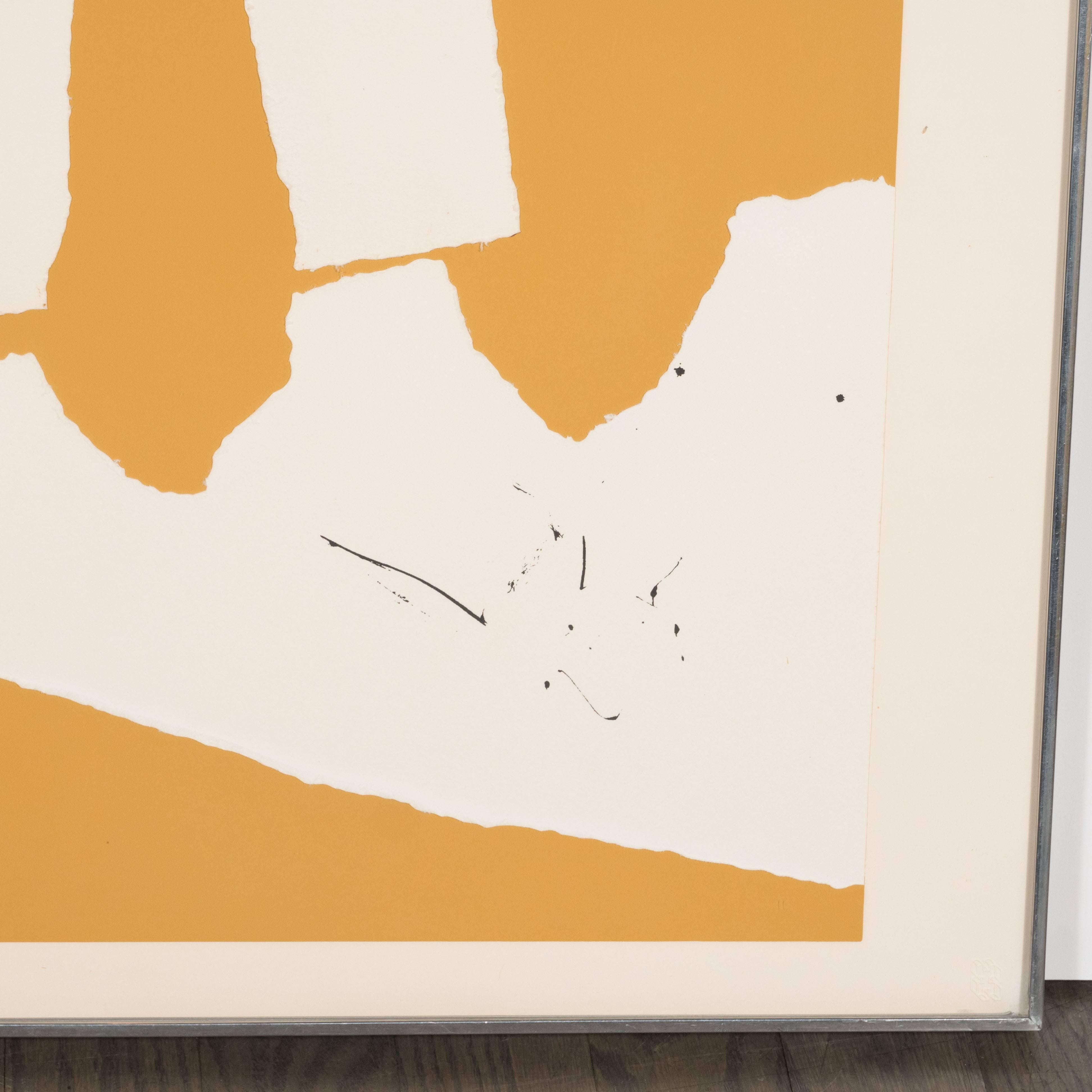 This stunning screen print with collage was realized by the esteemed Abstract Expressionist artist Robert Motherwell in 1964. It features an anthropomorphic form- reminiscent of a stylized topographical form perched above a body of water, with its