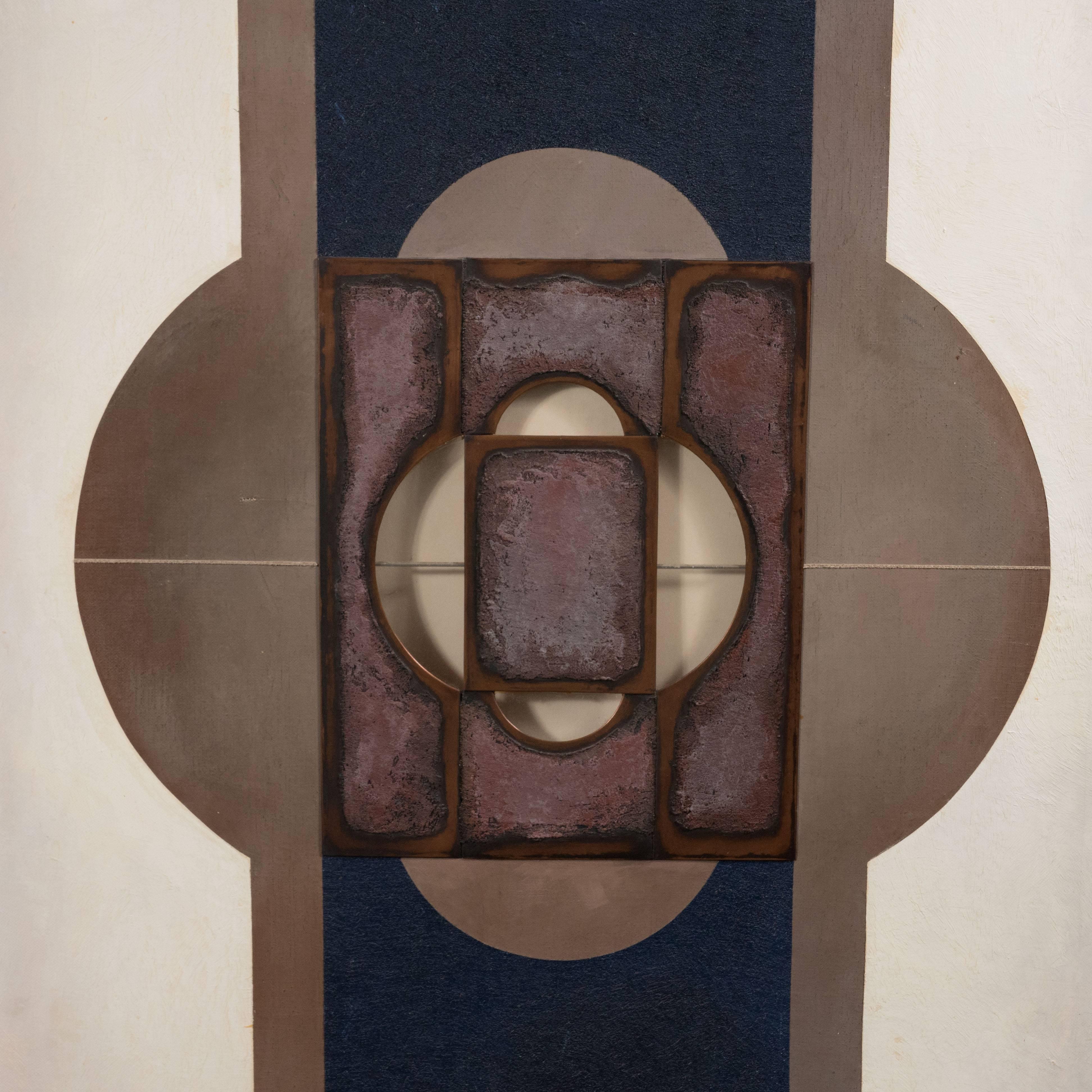 This compelling abstract painting was realized by the esteemed Spanish Painter, Senen Ubina, circa 1975. It features a square brass plate with demilune forms cut out of the center. The plate has been painted in a rich aubergine hue exhibiting a rich