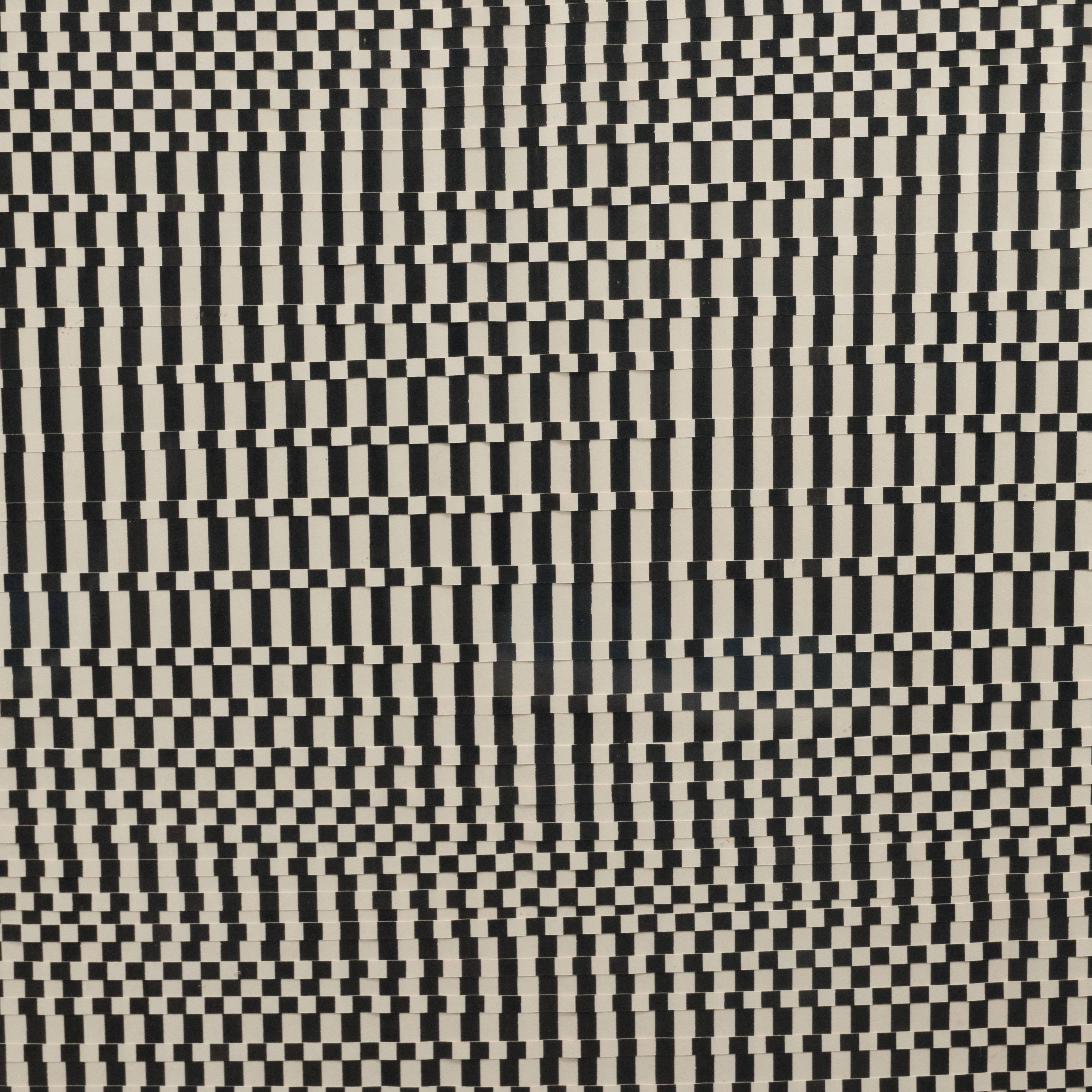 This stunning collage was realized in a monochrome palette in the style of Bridget Riley, circa 1965. Consisting of a woven tapestry of paper laid on board, the artist creates a composition full of movement and dynamic energy through minimal means.