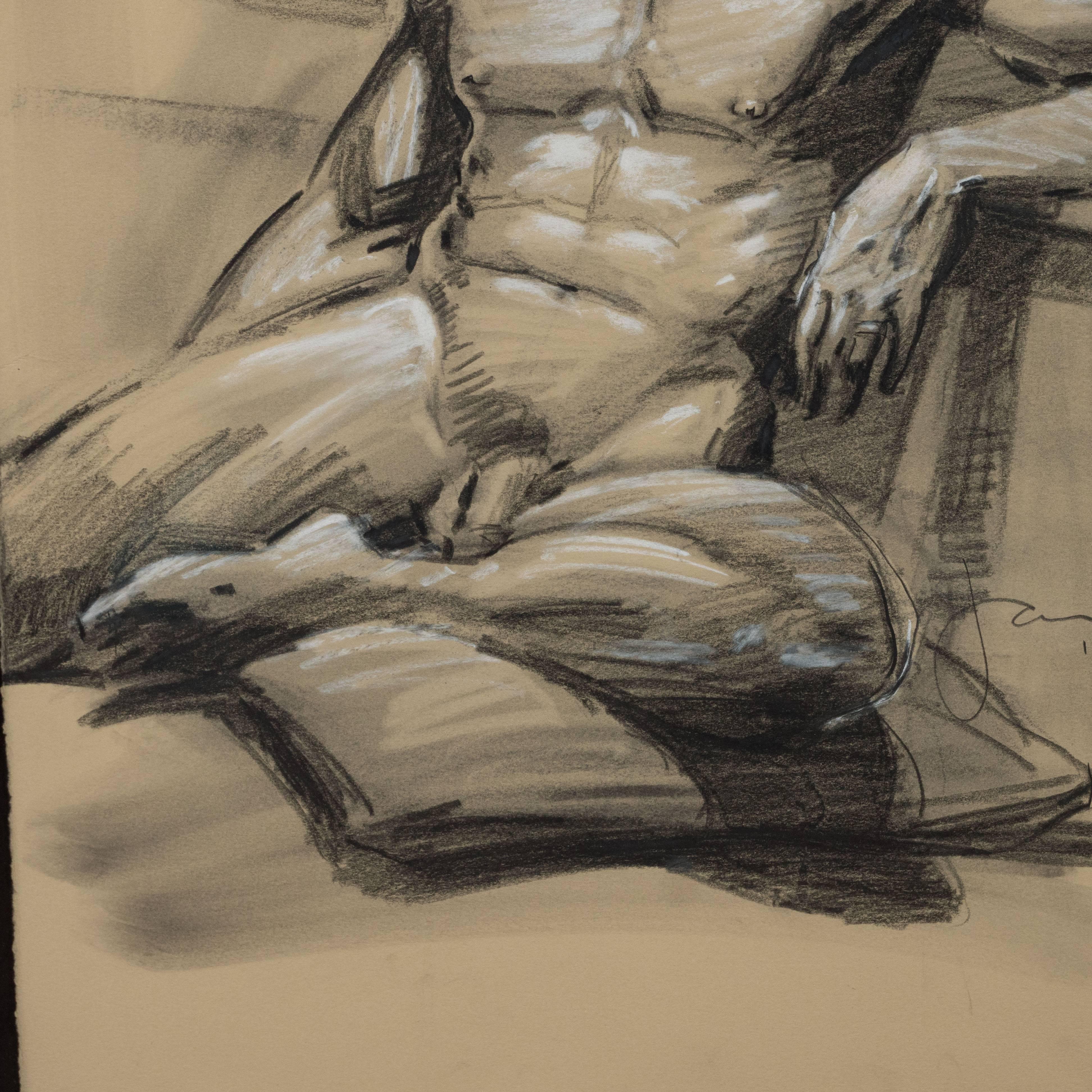 Contemporary Grisaille Pastel Male Nude Portrait, Manner of Mark Beard - Modern Art by Unknown