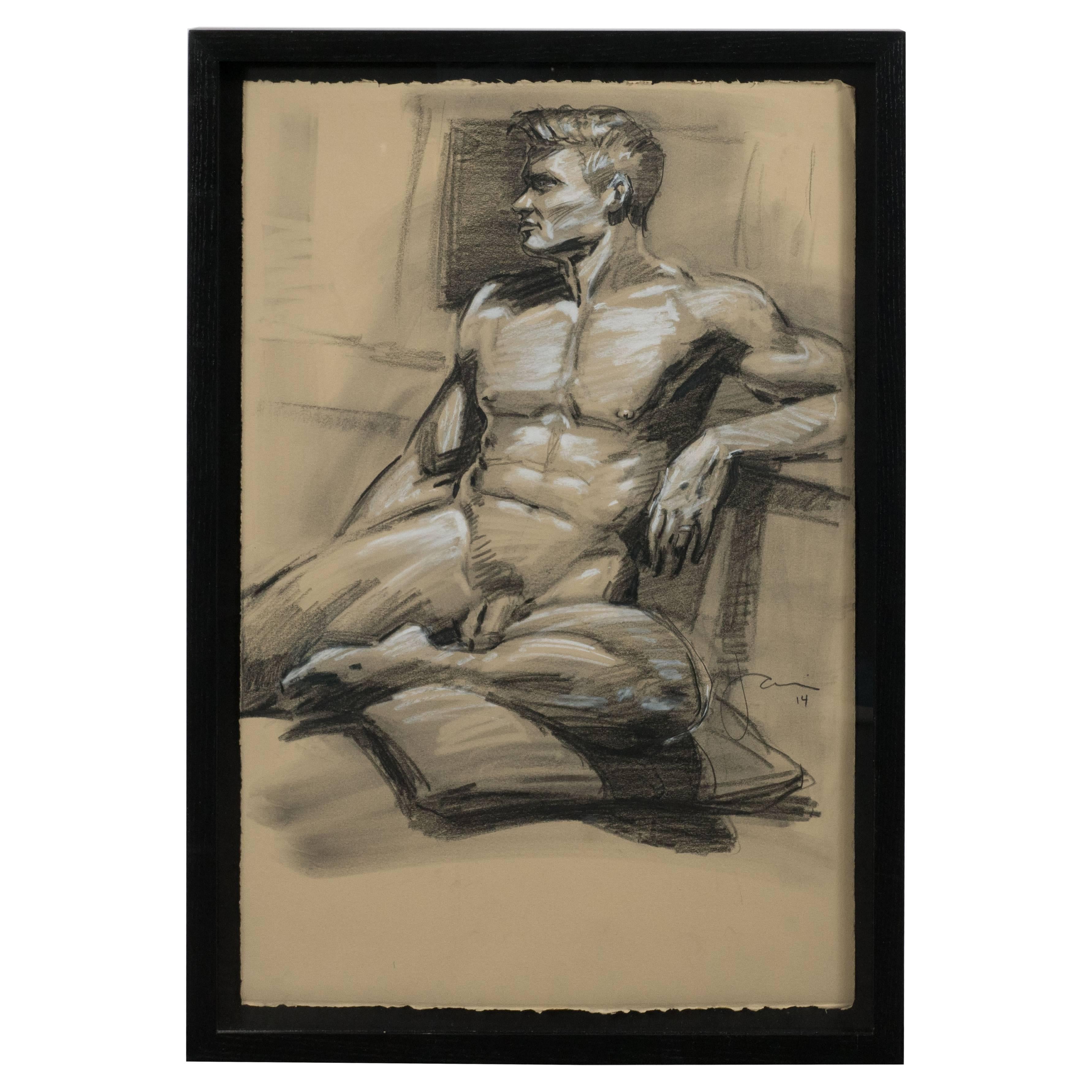Contemporary Grisaille Pastel Male Nude Portrait, Manner of Mark Beard - Art by Unknown