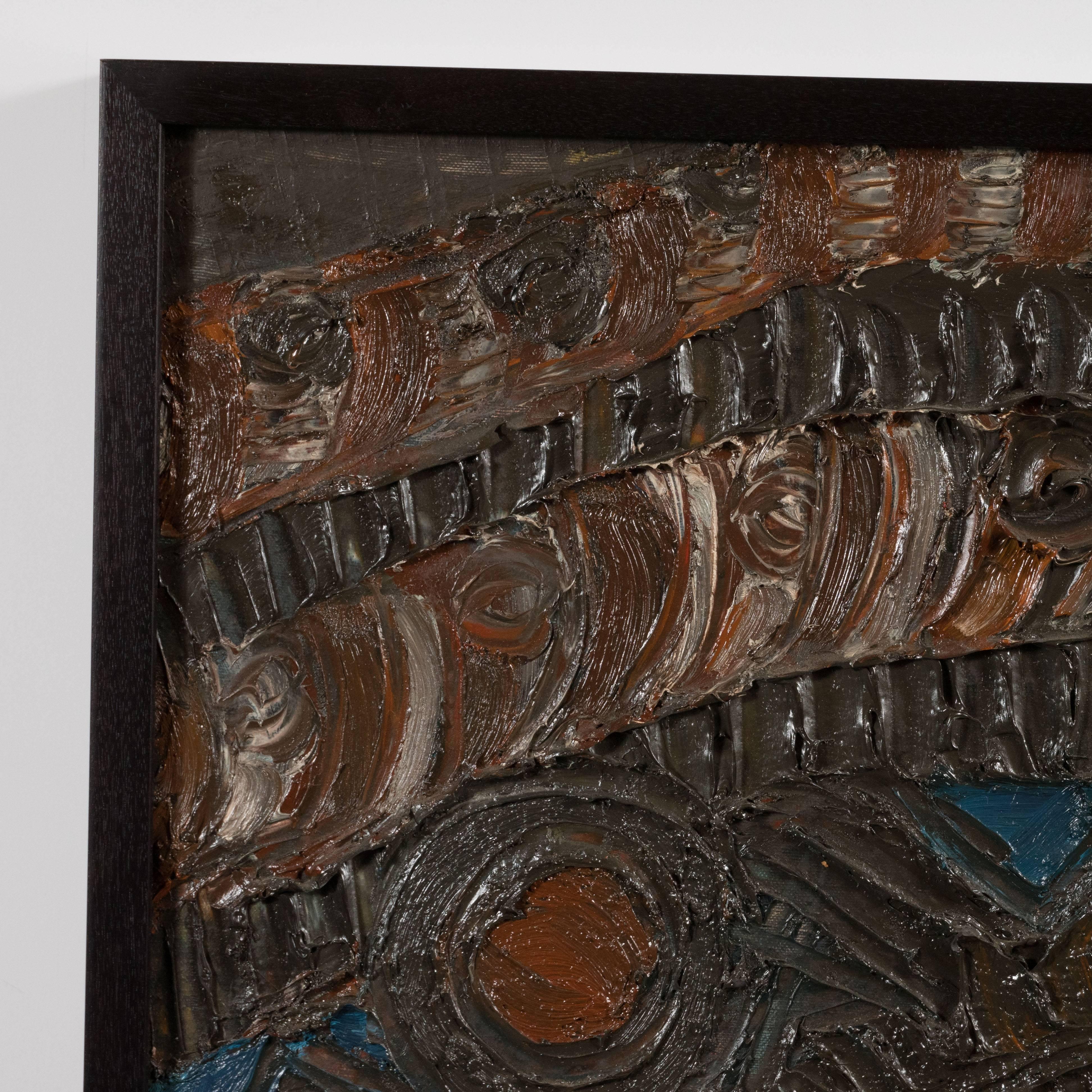 Questo raffinato olio su tela è stato realizzato dallo stimato artista della Bay Area Tom Holland nel 1961 circa e vanta una prestigiosa provenienza dallo Stanford Museum of Art. Combinando elementi del futurismo, dell'Art Brut e dell'Art Naif, con