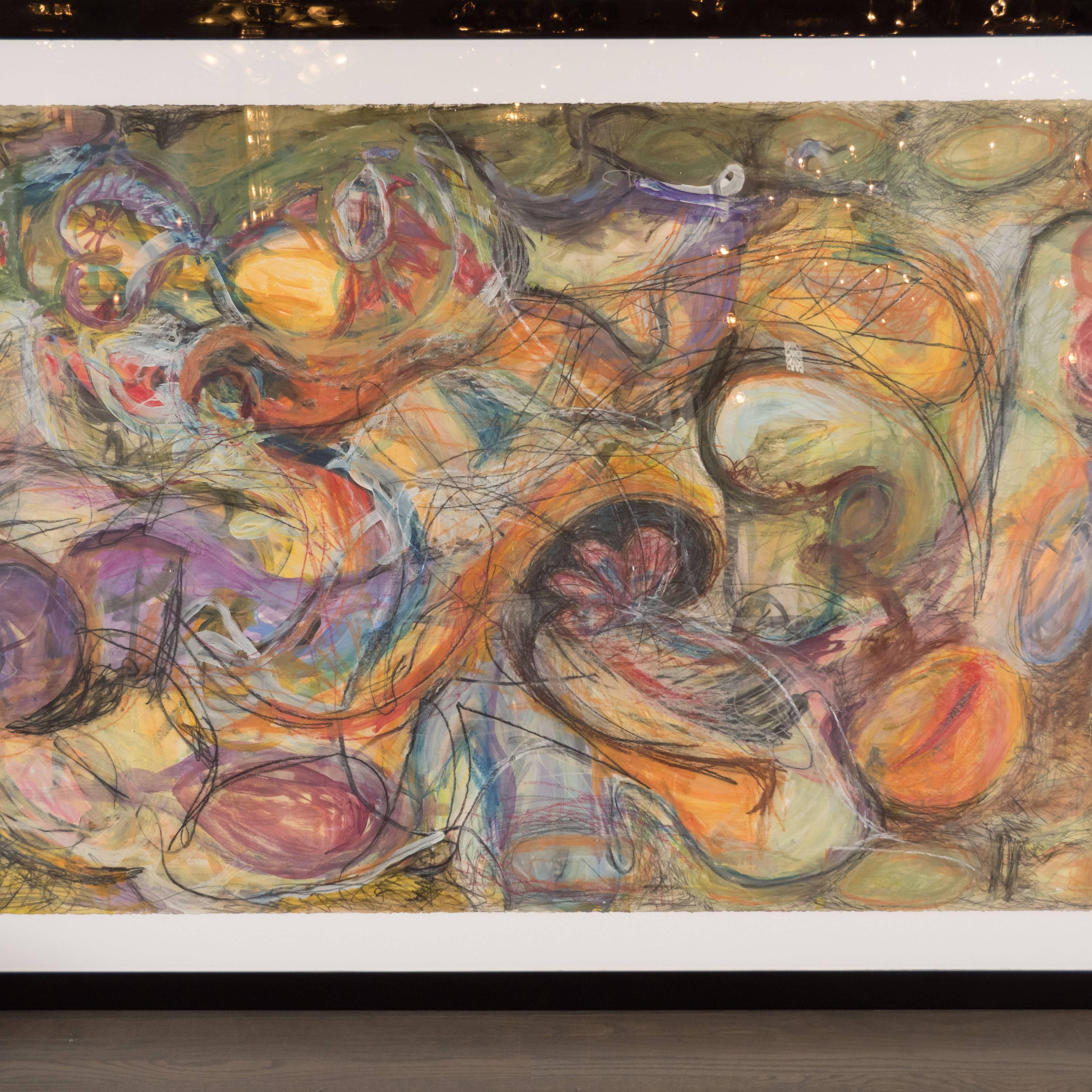 This captivating and monumental abstract expressionist painting was realized circa 1965, in the manner of Lee Krasner. Rendered in an ebullient and surprising palate- offering contrasting hues of amethyst, lavender, limestone, lapis lazuli and