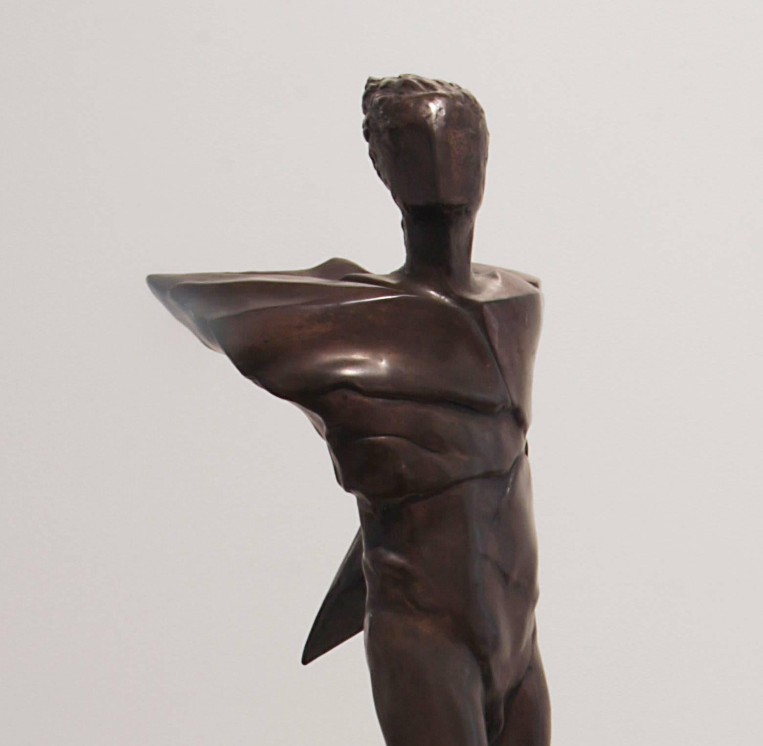 This bronze sculpture depicts a male winged figure finished with a mid-to-dark brown patina. The sculpture is attached to a small redwood base as shown. Edition #3 of 5.

Rita Sargen-Simon began her artistic career in Chicago. After she moved to
