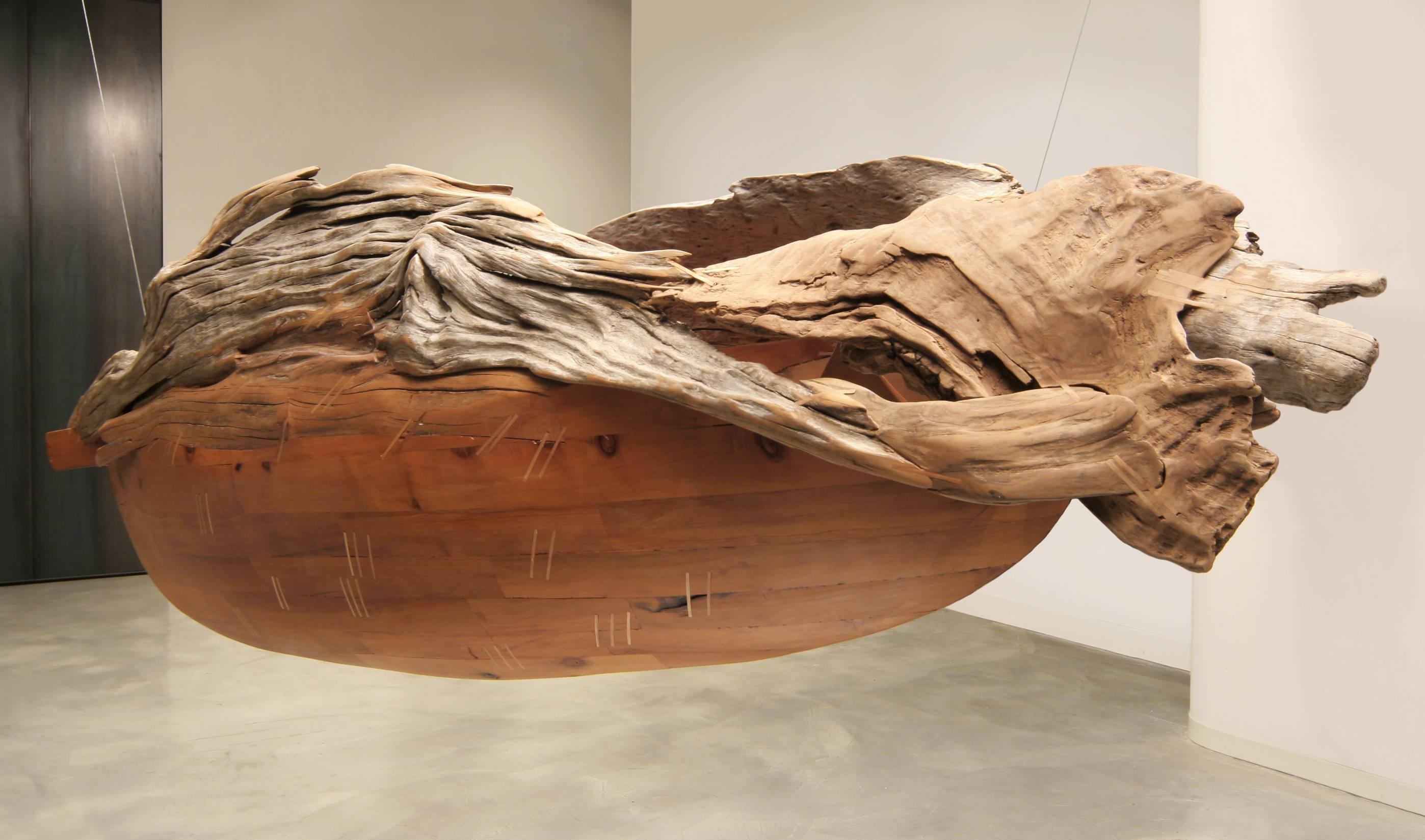 Pilar Ovalle Abstract Sculpture - Barca Pez (Fish Boat) -Suspended wood sculpture by Chilean artist Pillar Ovalle