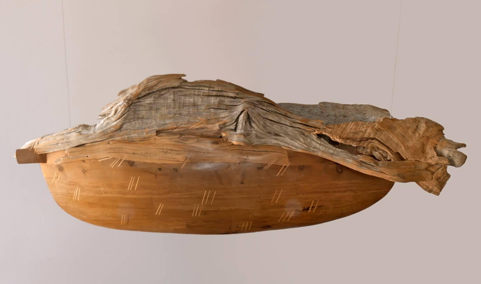 Barca Pez (Fish Boat) -Suspended wood sculpture by Chilean artist Pillar Ovalle - Sculpture by Pilar Ovalle