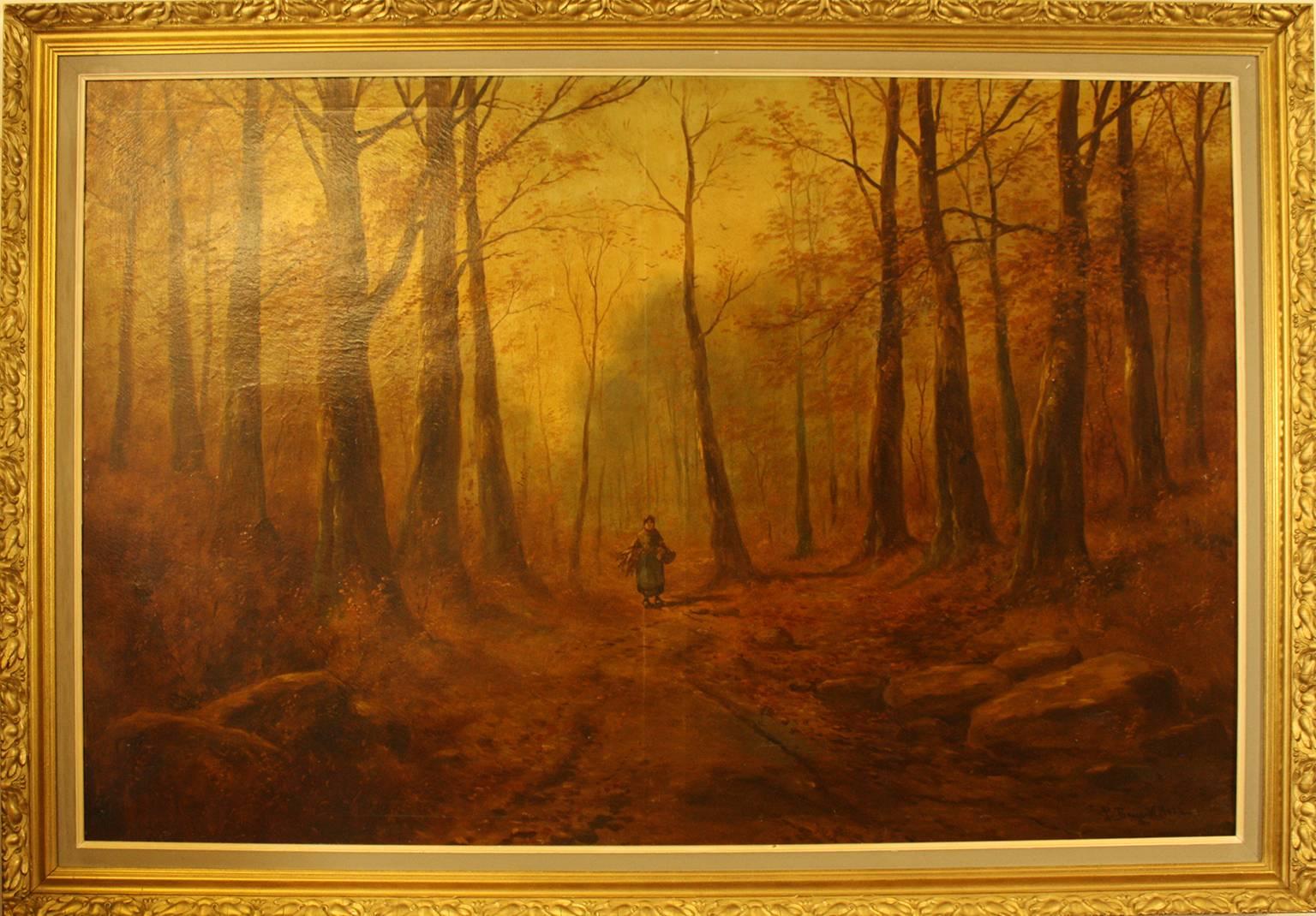 Unknown Landscape Painting - Woman Gathering Wood in the Fontainebleau forest with Indistinct Signature 