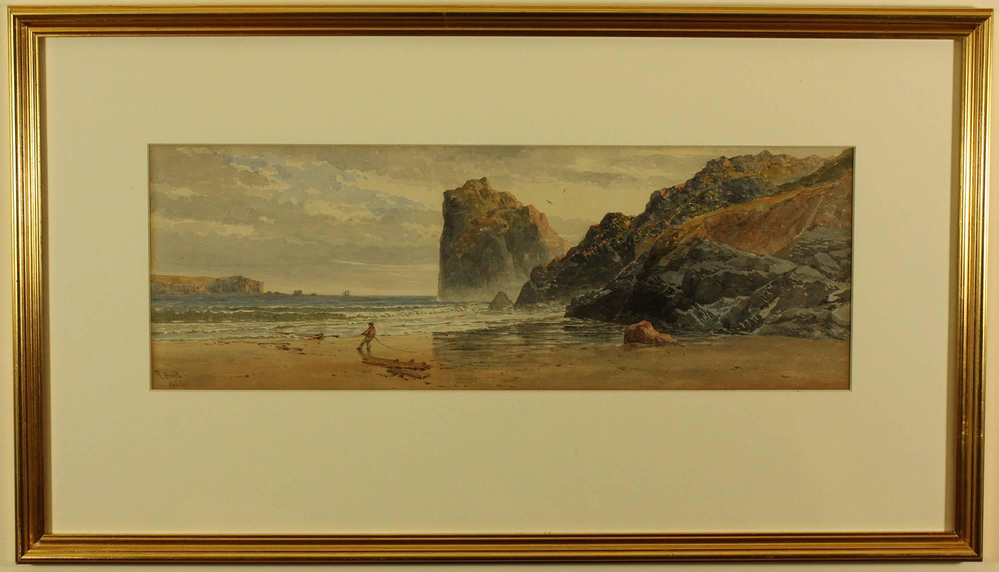 Wrecker on the Beach at Lion Rock by Thomas Hart painted 1864
A wrecker pulling a piece of drift wood from the sea near Lion Rock just above the Lizard, Cornwall.
Painted in 1864 when Thomas was 30 years old
imp
Thomas Hart 
Born 1830 Crowan