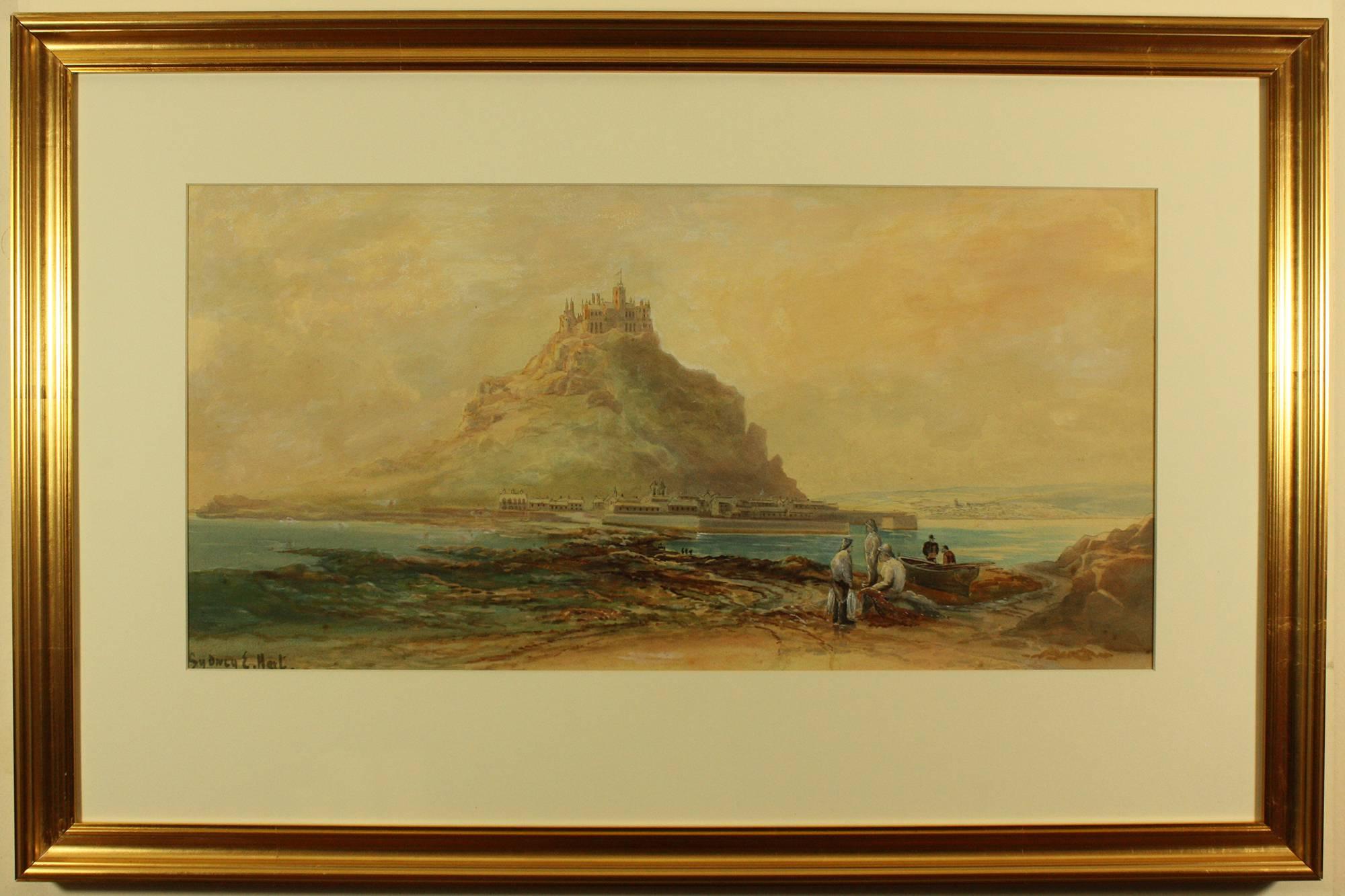 St Michael's Mount by Sydney Ernest Hart
View of the Mount from the Marazion end of the causeway, fishermen with there catch in the foreground
Image Size 23 ins by 15.5 ins
Frame Overall  31.5 ins by 20.75 ins
New Frame and Mount

Sydney Ernest