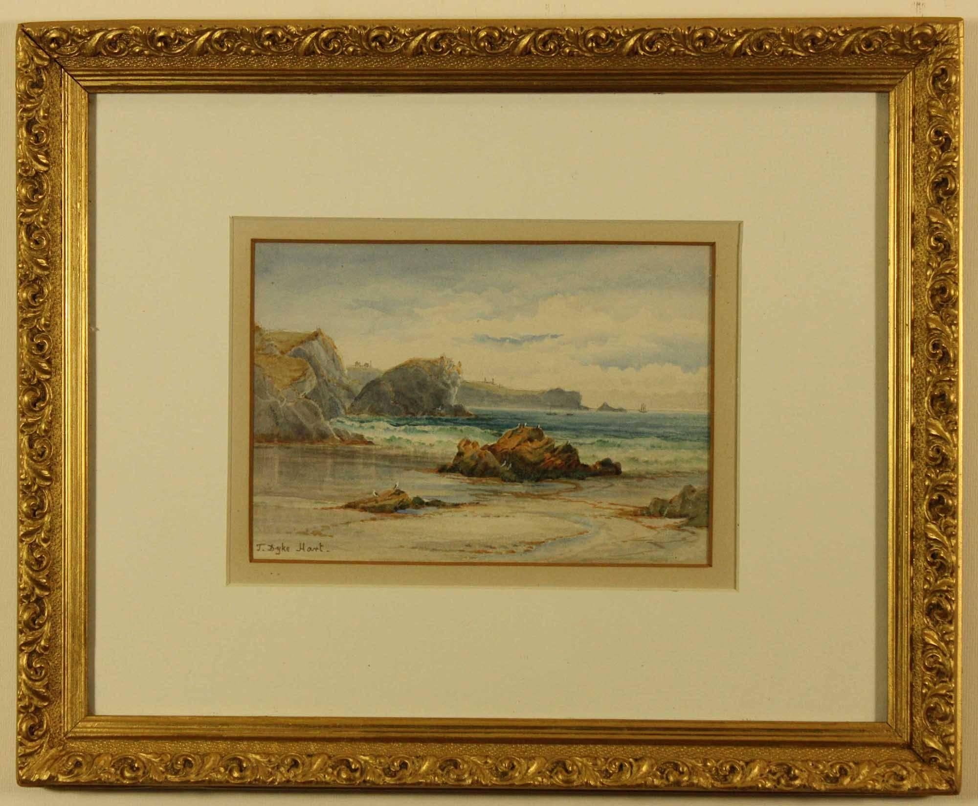Lion Rock and the Lizard Point by Tracey Dyke Hart
Watercolour in Original Frame, New Mount and back board
Image Size   7 ins by 4 1/2 ins 
Frame Overall  13 3/4 ins by 11 1/4 ins

Tracey Douglas ( Dyke ) Hart 
born 1870 The Lizard, Cornwall.   Died