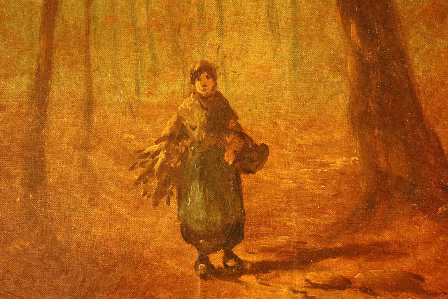 Woman Gathering Wood in the Fontainebleau forest with Indistinct Signature  - Brown Landscape Painting by Unknown