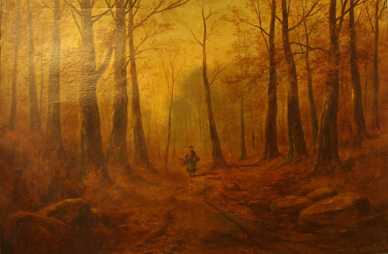 Woman Gathering Wood in the Fontainebleau forest with Indistinct Signature  - Painting by Unknown