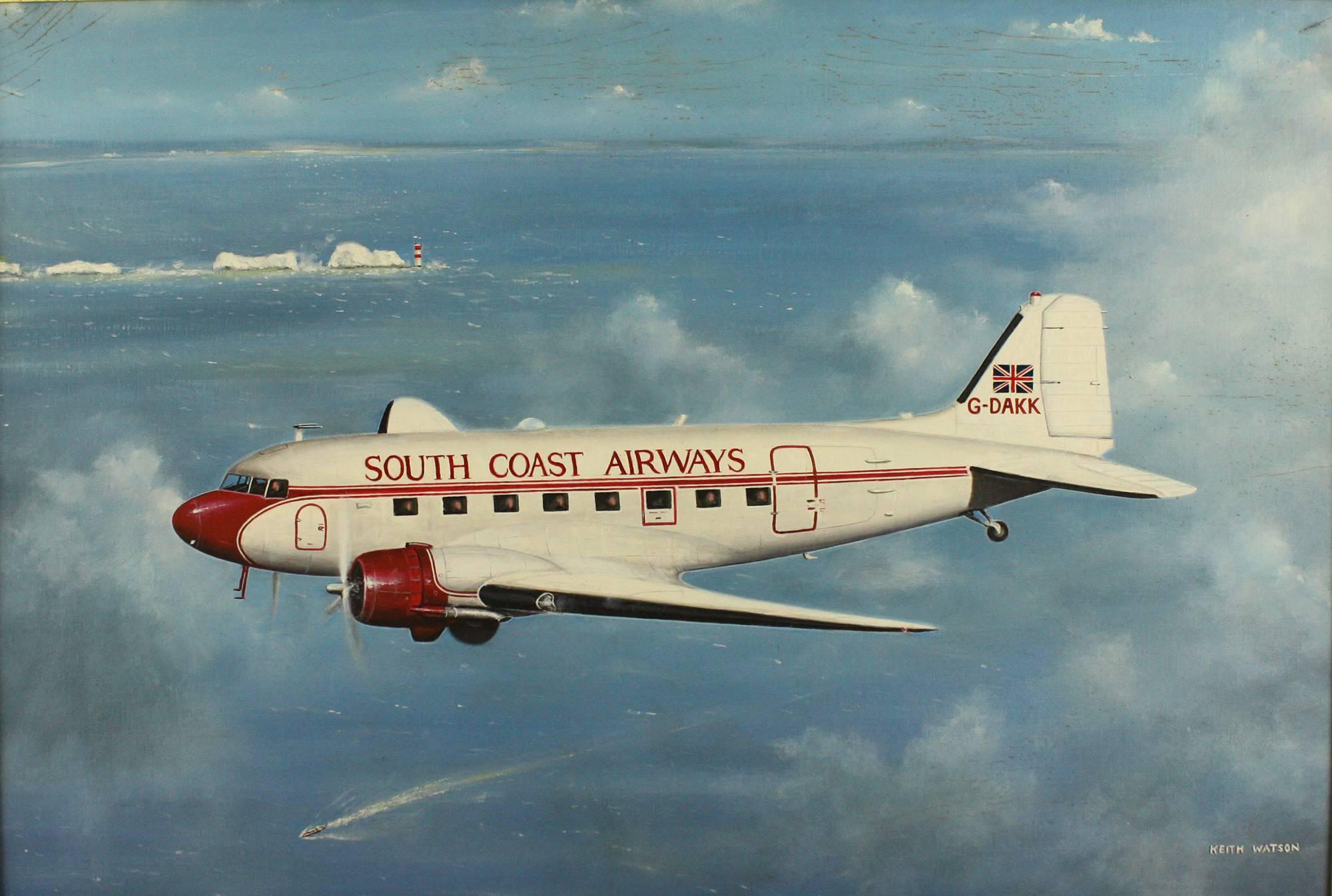 Douglas Dakota South Coast Airways G-DAKK flying over the Needles, Isle of Wight - Painting by Keith Watson