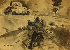 El Hamma Ink and Ink Wash on Paper Report back from the Front in World War 2