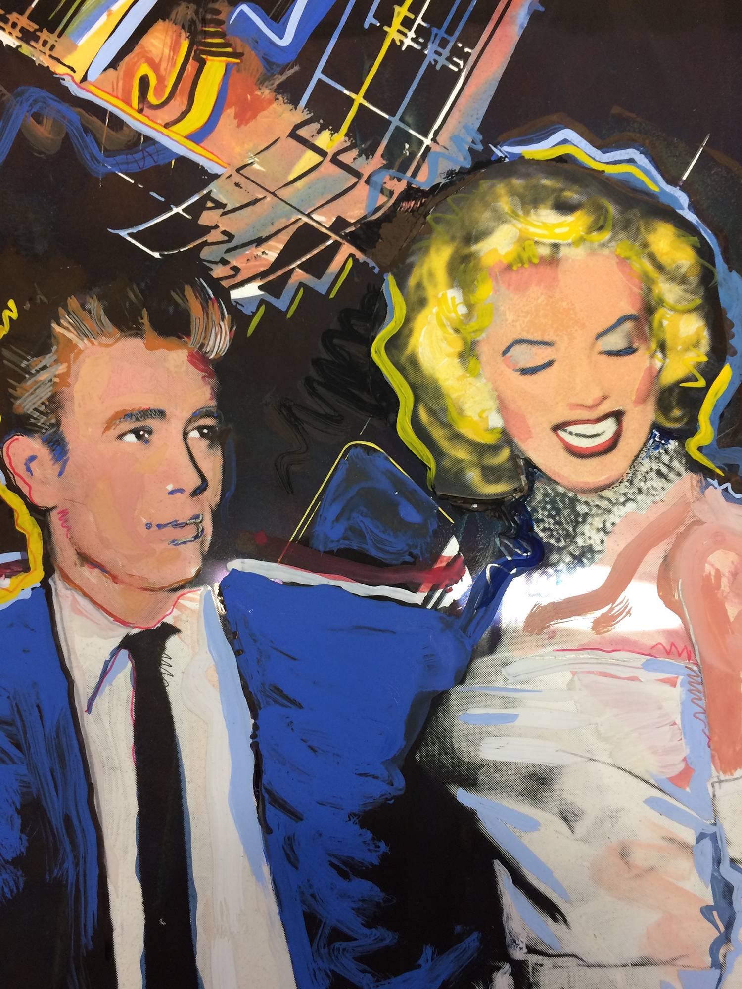 Description: The Original mixed media portrait of James Dean and Marilyn Monroe entitled James is that your hand down your pants? by artist Tony Cooper for the award winning Shoot that Tiger Art Studio circa 1984. The painting was used to create one