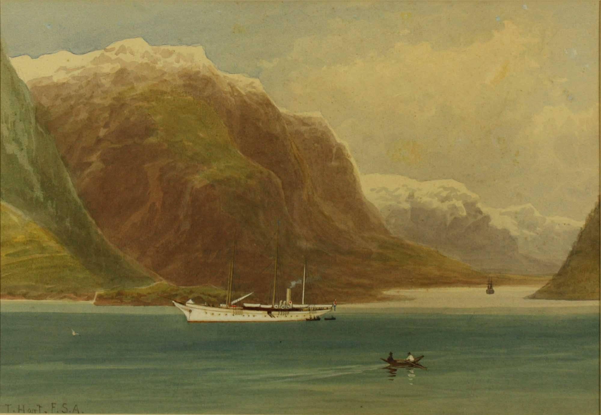 The White Ladye at Odda Norway by Thomas Hart
Watercolour on Paper
White Ladye was a steam yacht owned by the actress Lillie Langtry, built in 1891 by Ramage & Ferguson of Leith from a design by W C Storey; 3 masts; length 204 ft; breadth 27 ft; 142