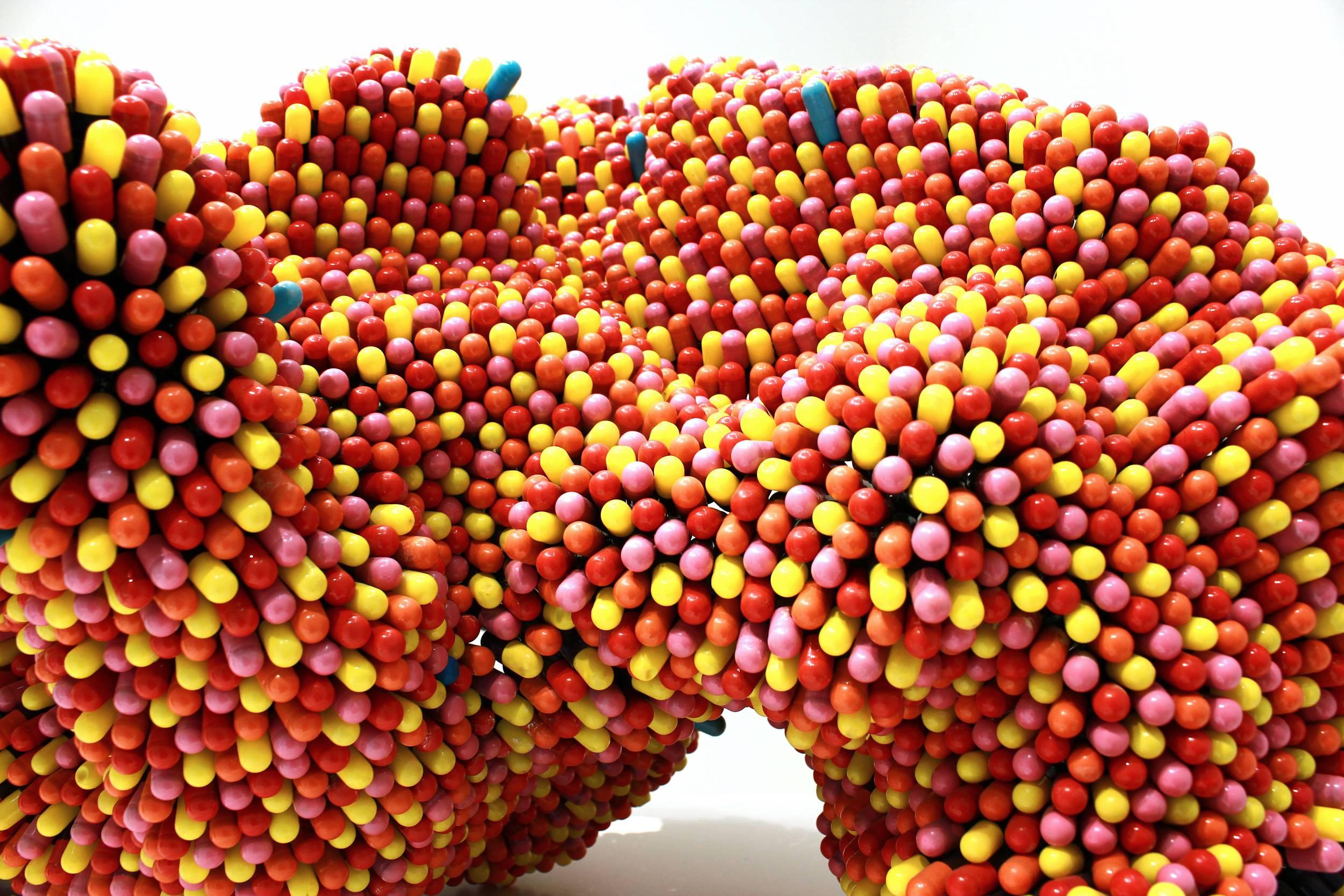 Disease by Noumeda Carbone is an art series of sculptures made out of empty pill capsules—9500 empty capsules, to be exact. Abstractly formed, each creation looks like some kind of disease rather than the cure they are supposed to be. They seem to