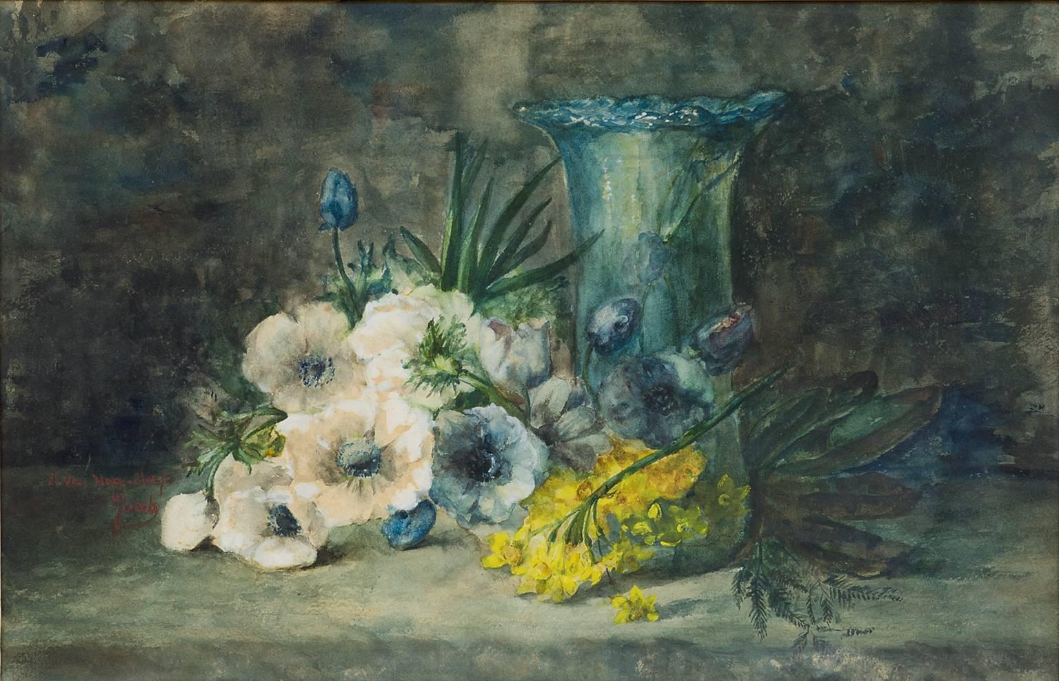 Flowers and a glass vase on a stone table - Painting by Adrienne Jacqueline Hogendorp-Jacob