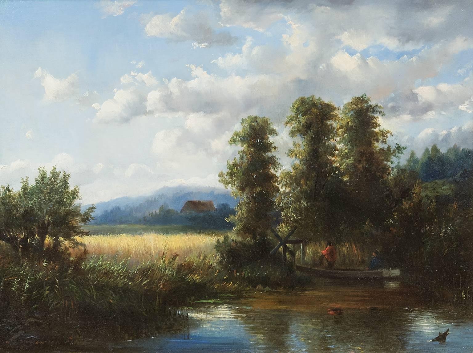 Hendrik Dirk Kruseman van Elten Landscape Painting - Landscape with cornfield and fishermen