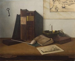 A stil life with books and an etching of Rotterdam