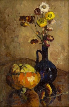 Still life with dried flowers and a pumpkin