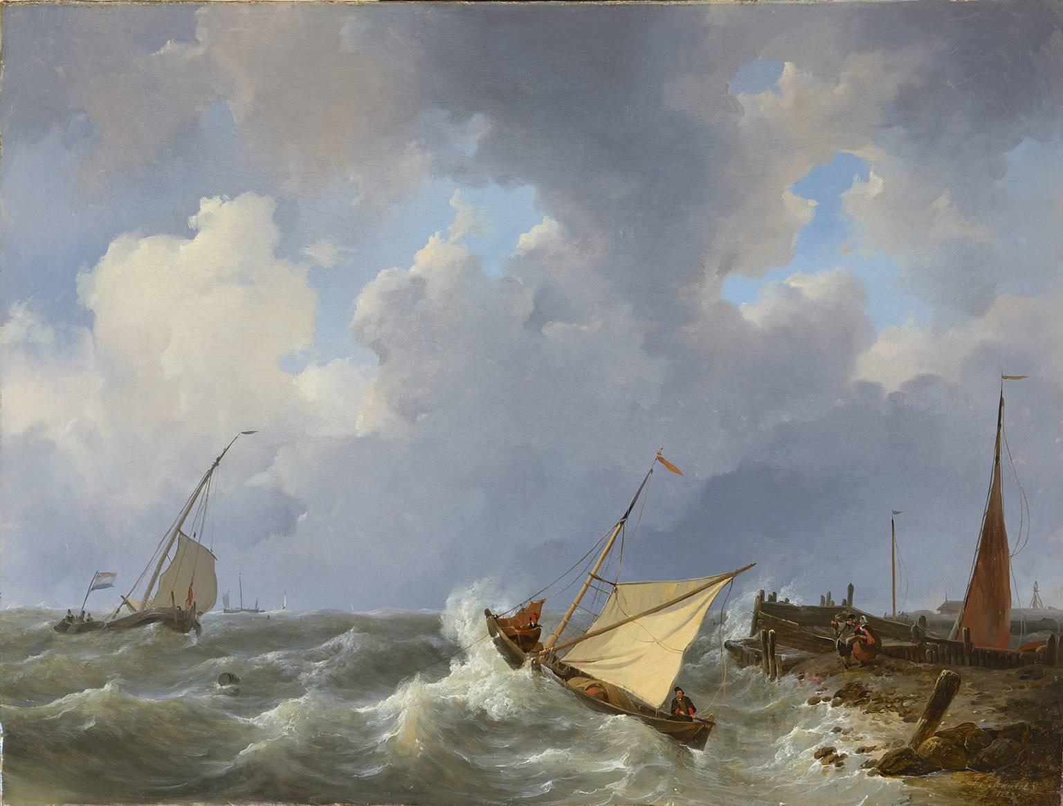 Johannes Christianus Schotel Landscape Painting - Sailing ships on a choppy sea near a harbour