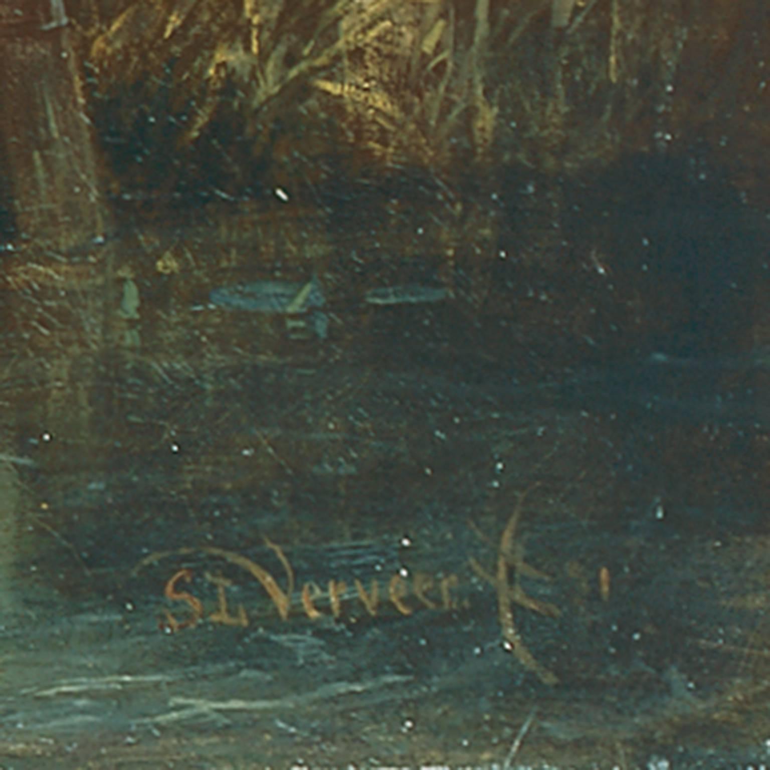 The Merwede at Woudrichem with a paddle-boat and a ferry - Painting by Salomon Leonardus Verveer