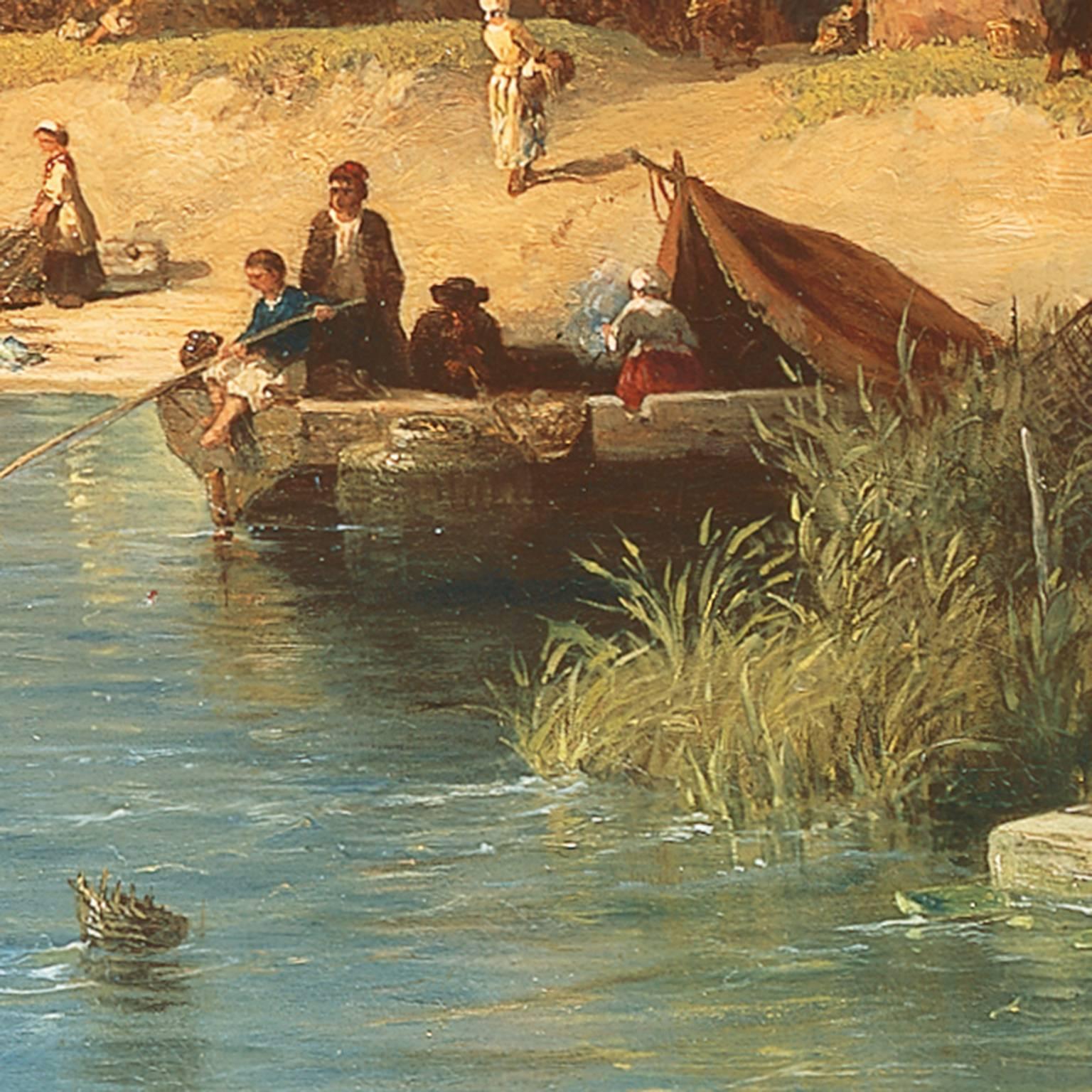 The Merwede at Woudrichem with a paddle-boat and a ferry - Romantic Painting by Salomon Leonardus Verveer