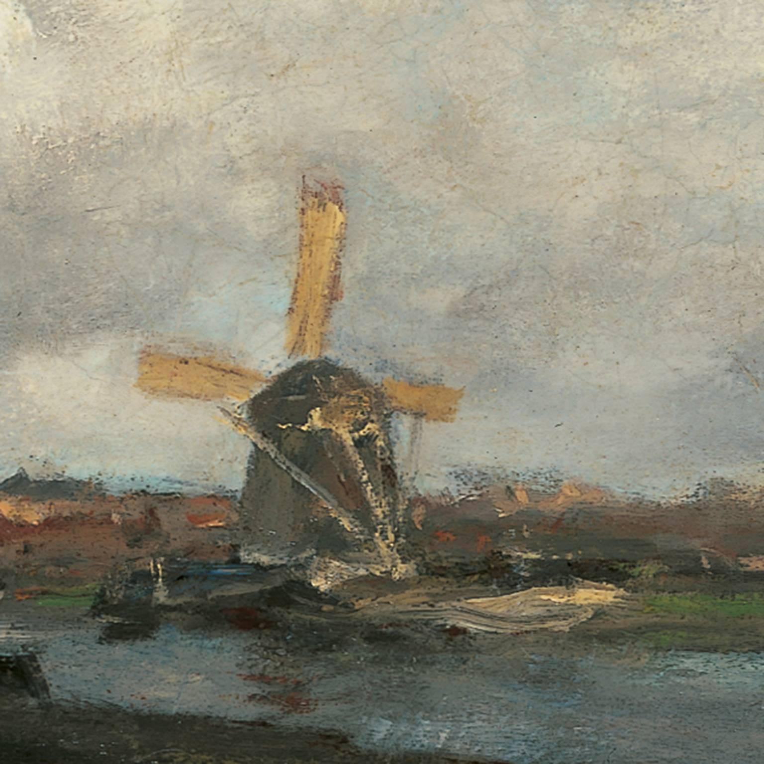 Jacob Maris was a major painter of the Hague School. More than any other artist he was able to capture the silver grey tones of an overcast Dutch day and combine these with dark browns, ochres and a single daub of colour. He painted chiefly