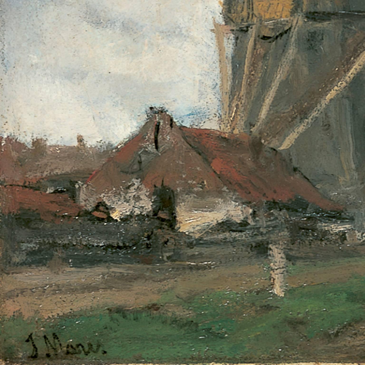 Windmills along a canal - Gray Landscape Painting by Jacob Hendricus Maris