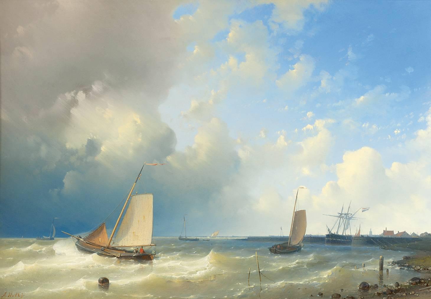 Abraham Hulk the Elder Landscape Painting - Fishing boats in a strong breeze at the harbour entrance