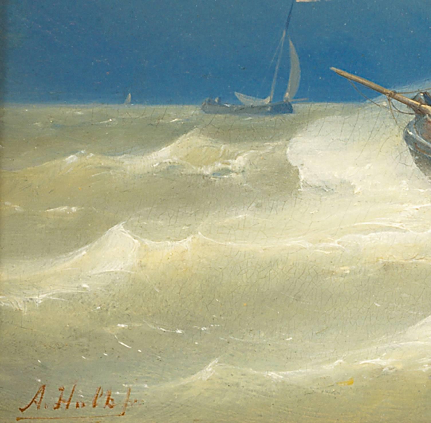 Fishing boats in a strong breeze at the harbour entrance - Gray Landscape Painting by Abraham Hulk the Elder