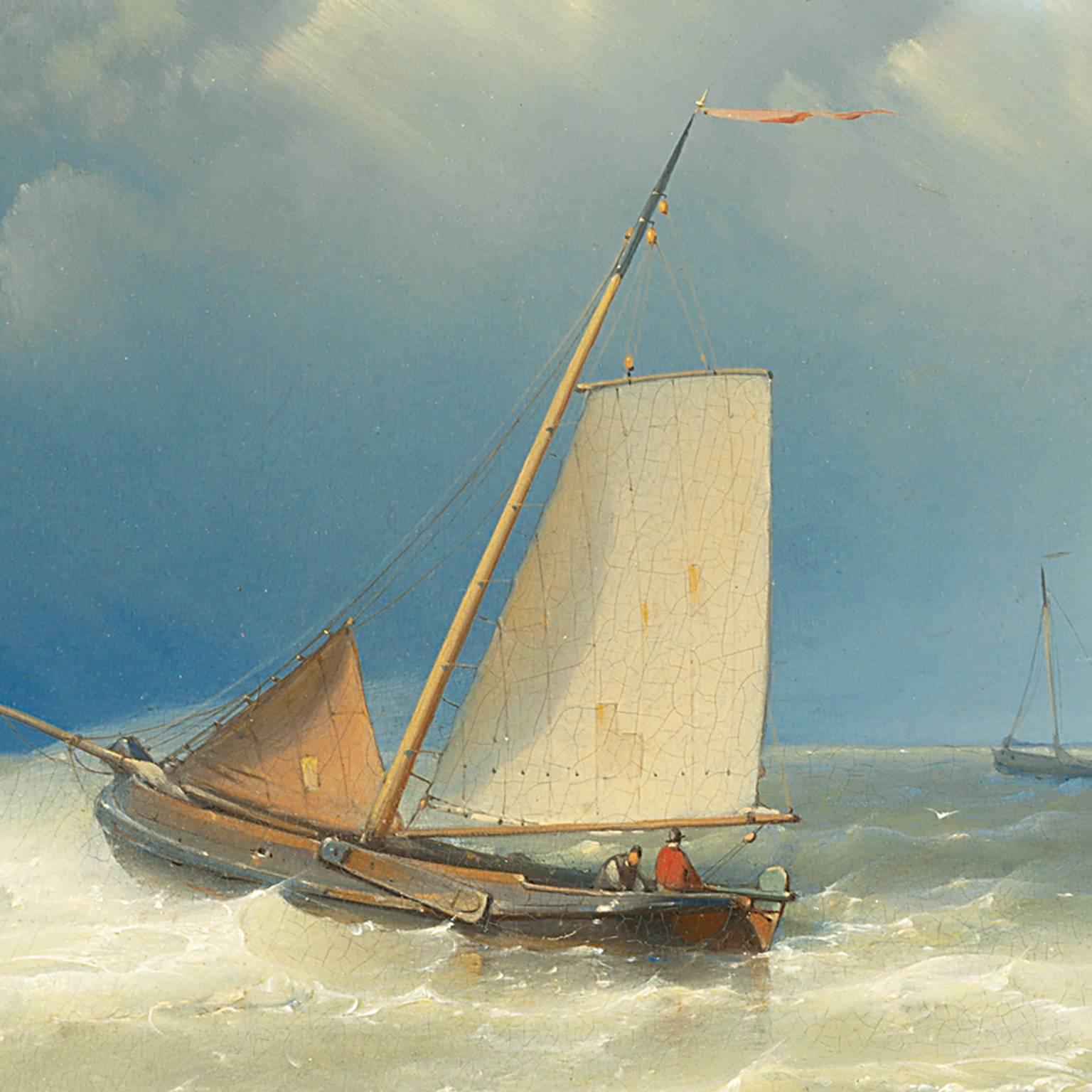 Fishing boats in a strong breeze at the harbour entrance - Painting by Abraham Hulk the Elder