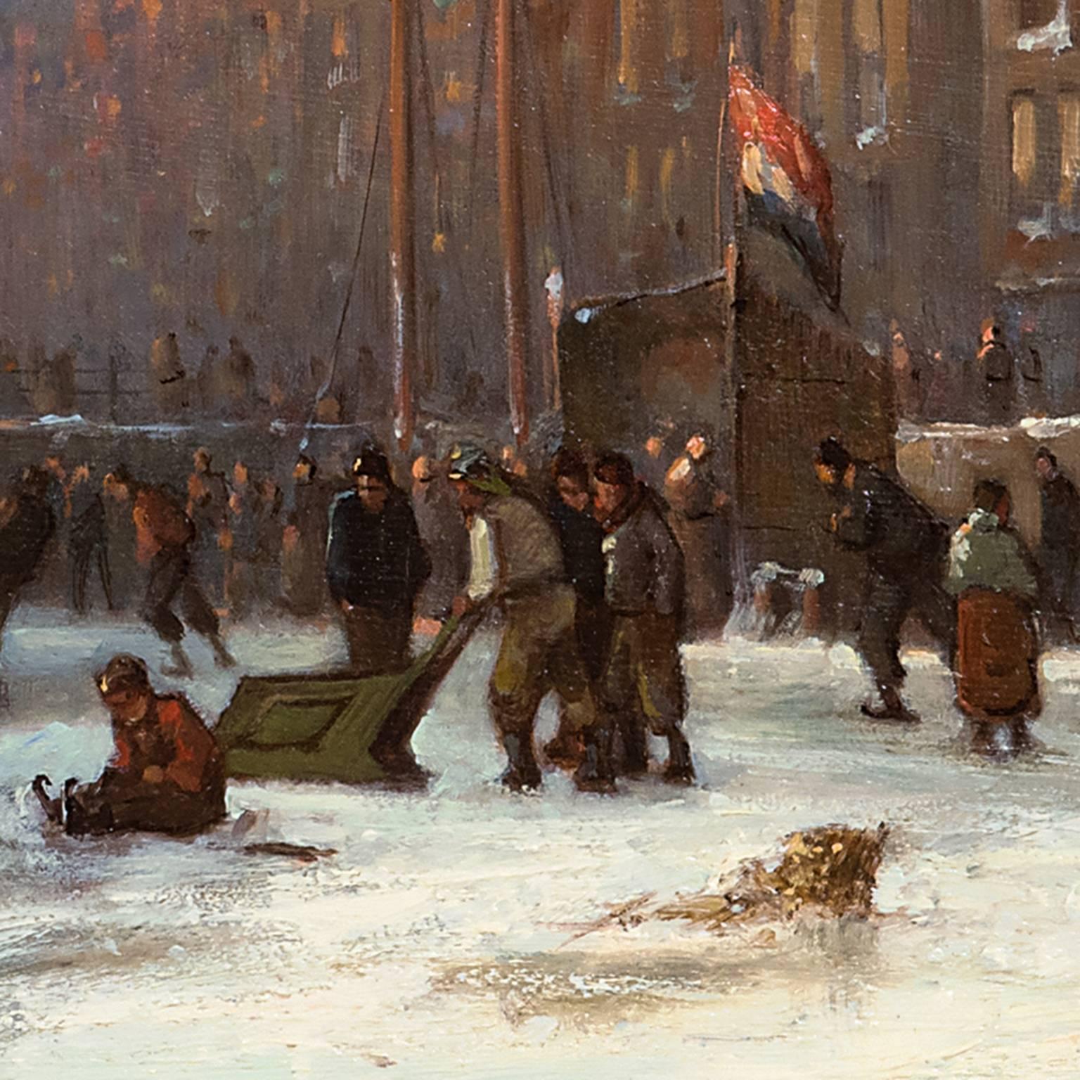 Skaters on a frozen canal, Amsterdam - Brown Landscape Painting by Willem Hendrik Eickelberg