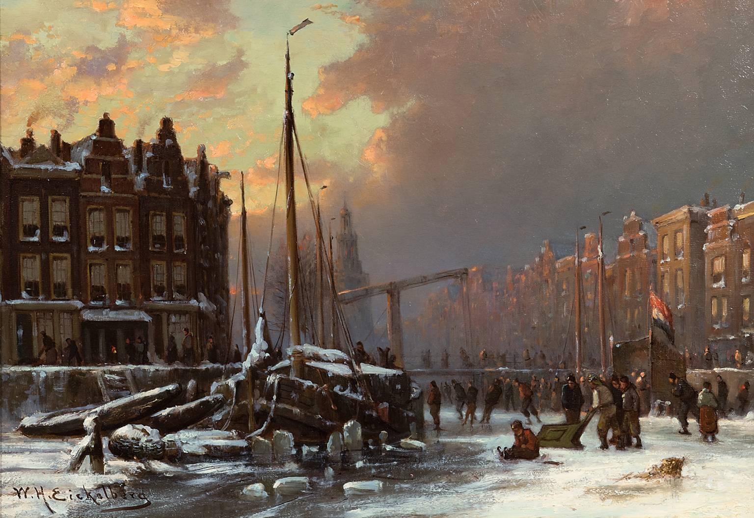 Skaters on a frozen canal, Amsterdam - Painting by Willem Hendrik Eickelberg