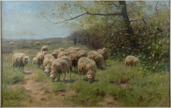 Antique Grazing sheep in a sunny landscape