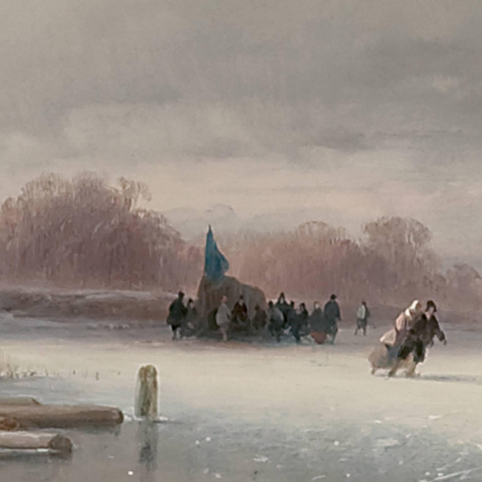 Frozen river with skaters and a koek and zopie - Romantic Painting by Andreas Schelfhout