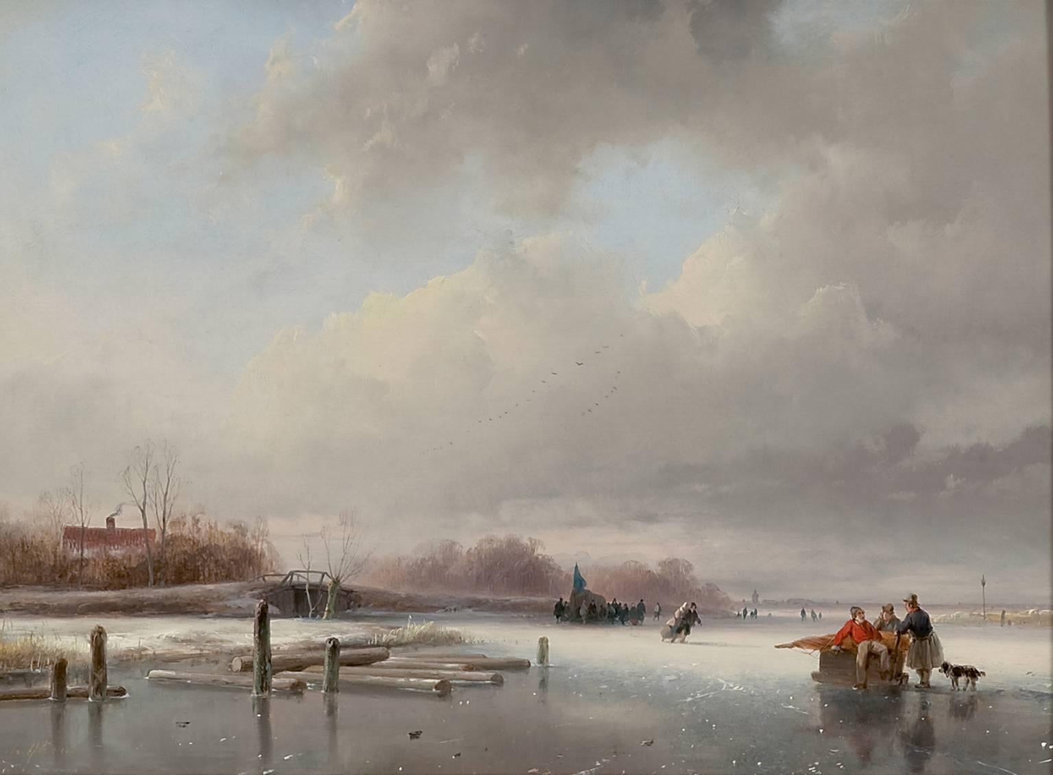Frozen river with skaters and a koek and zopie - Painting by Andreas Schelfhout