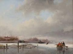 Frozen river with skaters and a koek and zopie