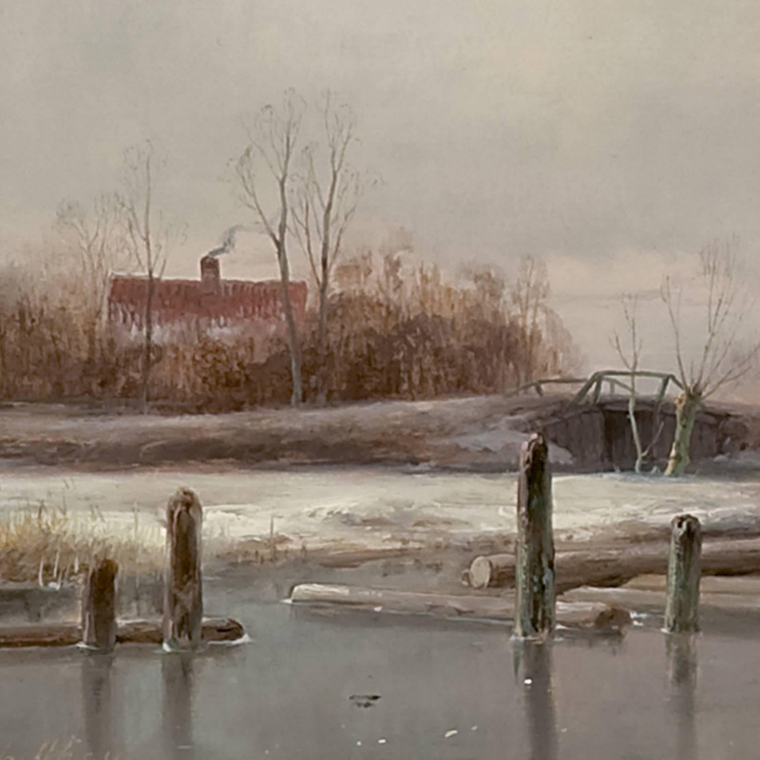 Frozen river with skaters and a koek and zopie - Black Landscape Painting by Andreas Schelfhout