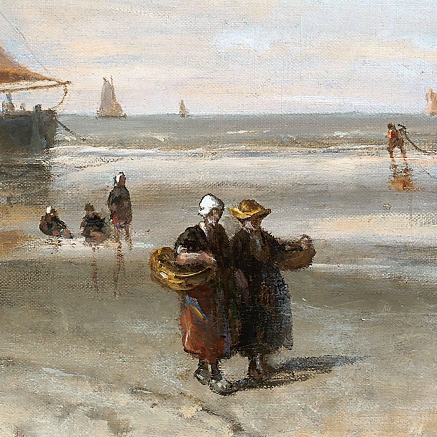 Fishermen's wives near the barges along the coastline - Painting by Mozes Leonardus (Mauritz) Verveer