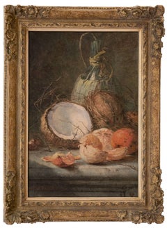 Still life with a wine bottle, coconuts and oranges